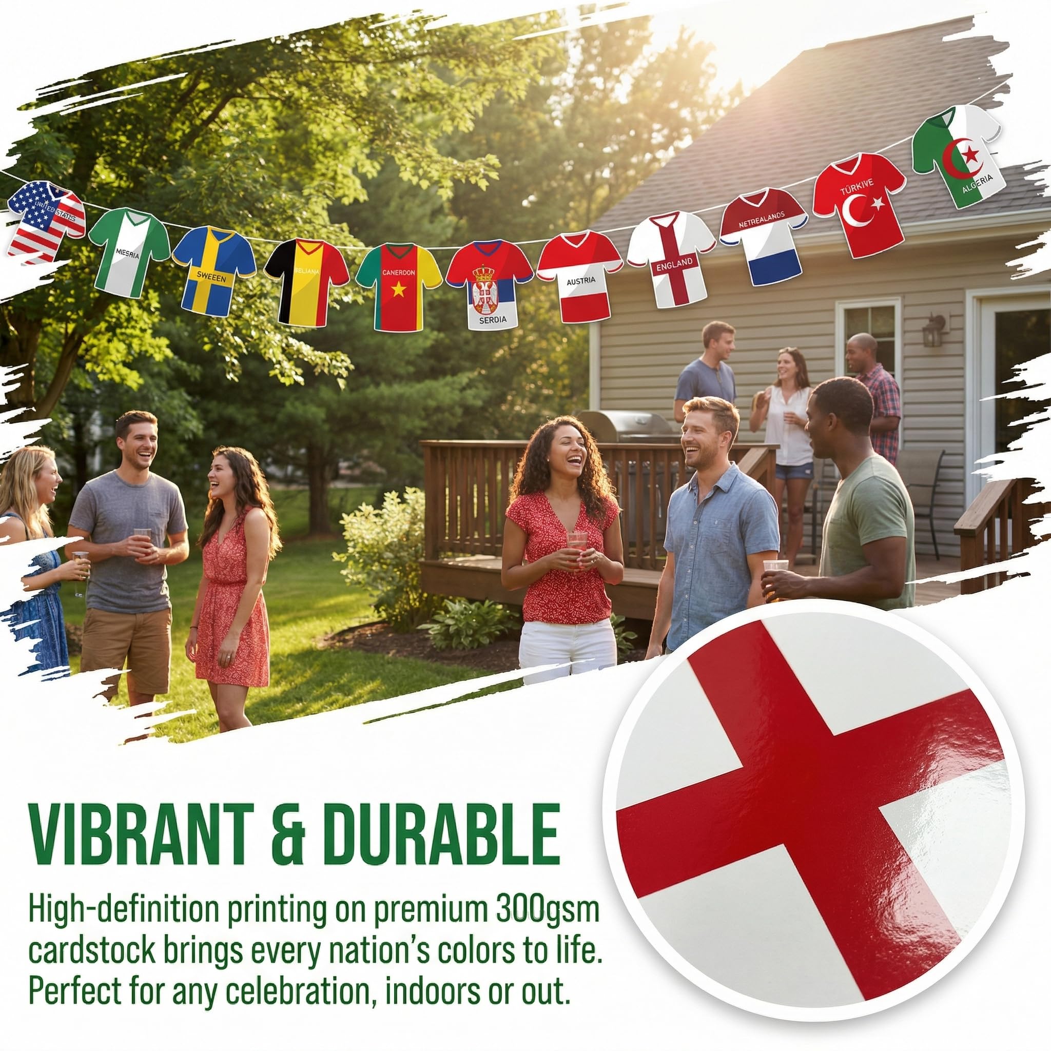 Decorazioni per i Mondiali 2026, bandierine in stile maglia, ghirlande con le maglie di tutte le squadre per feste a tema calcio, vivaci gagliardetti internazionali per fan zone, bar, tailgate e fest