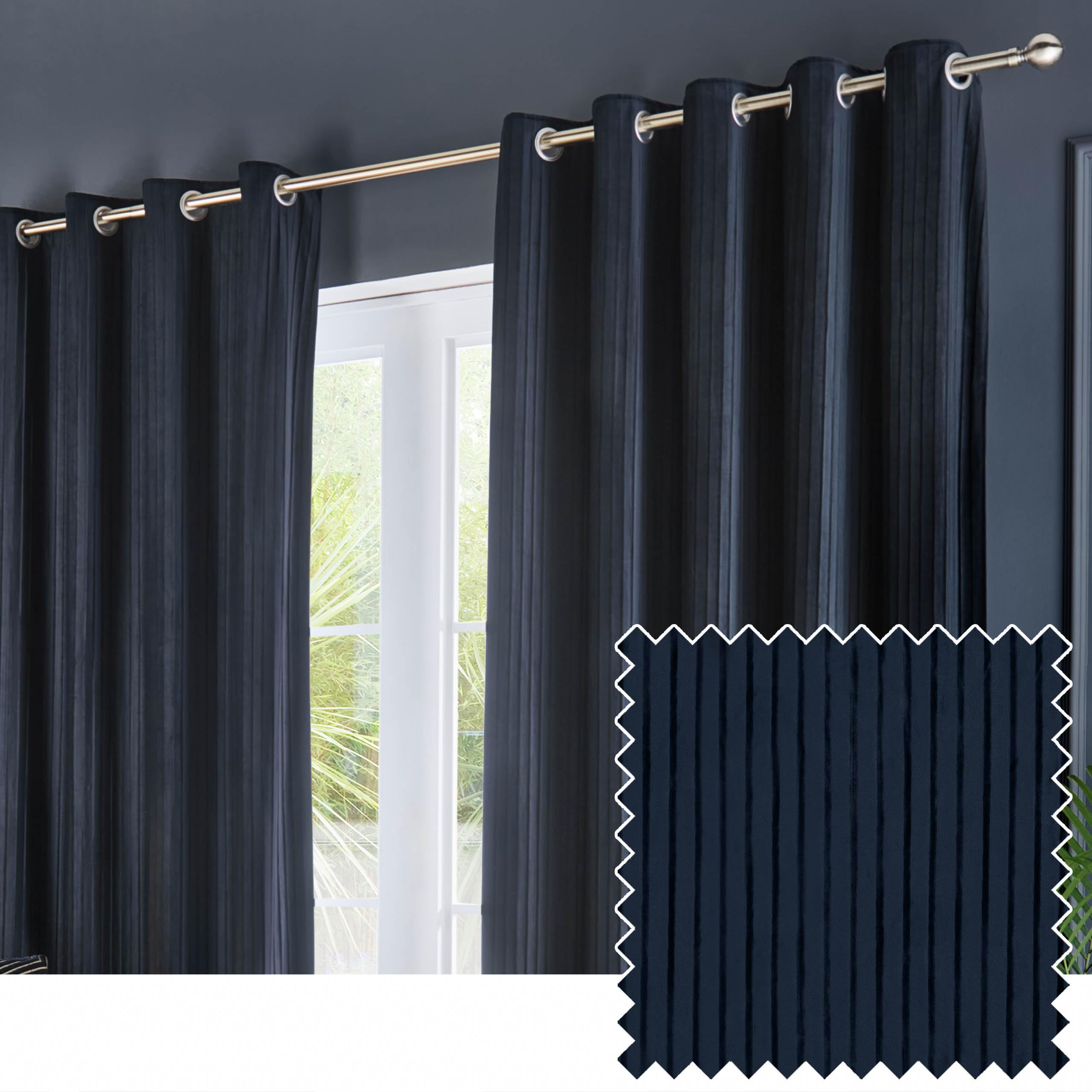 Paoletti Corinthian Velvet Eyelet Curtain Pair - Navy - 117x137cm