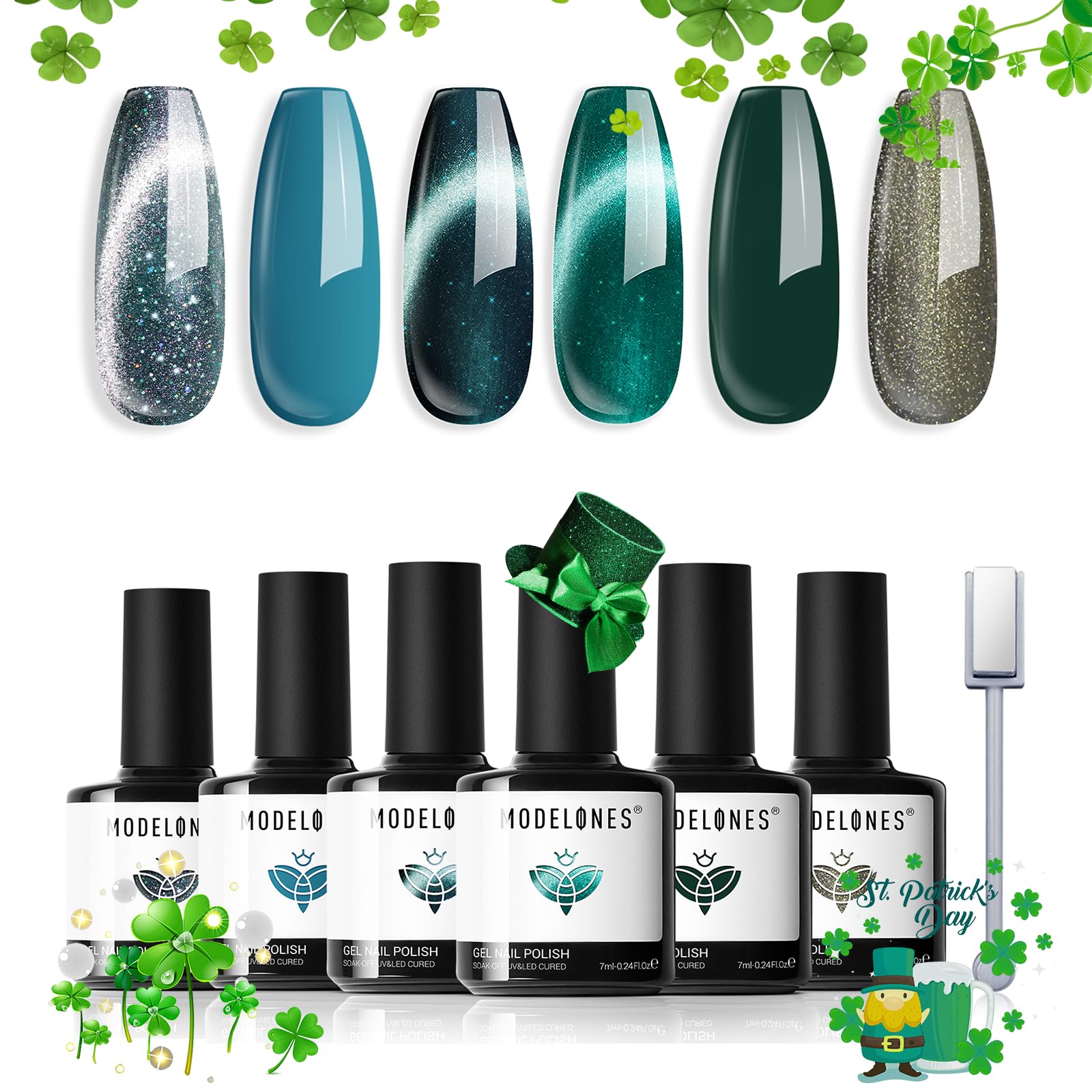modelones Gel Nail Polish Set, 6 Colors 2026 St Patricks Spring Blue Green Cat Eye 9D Gel Polish Dark Green Sparkle Reflective Glitter Nail Polish