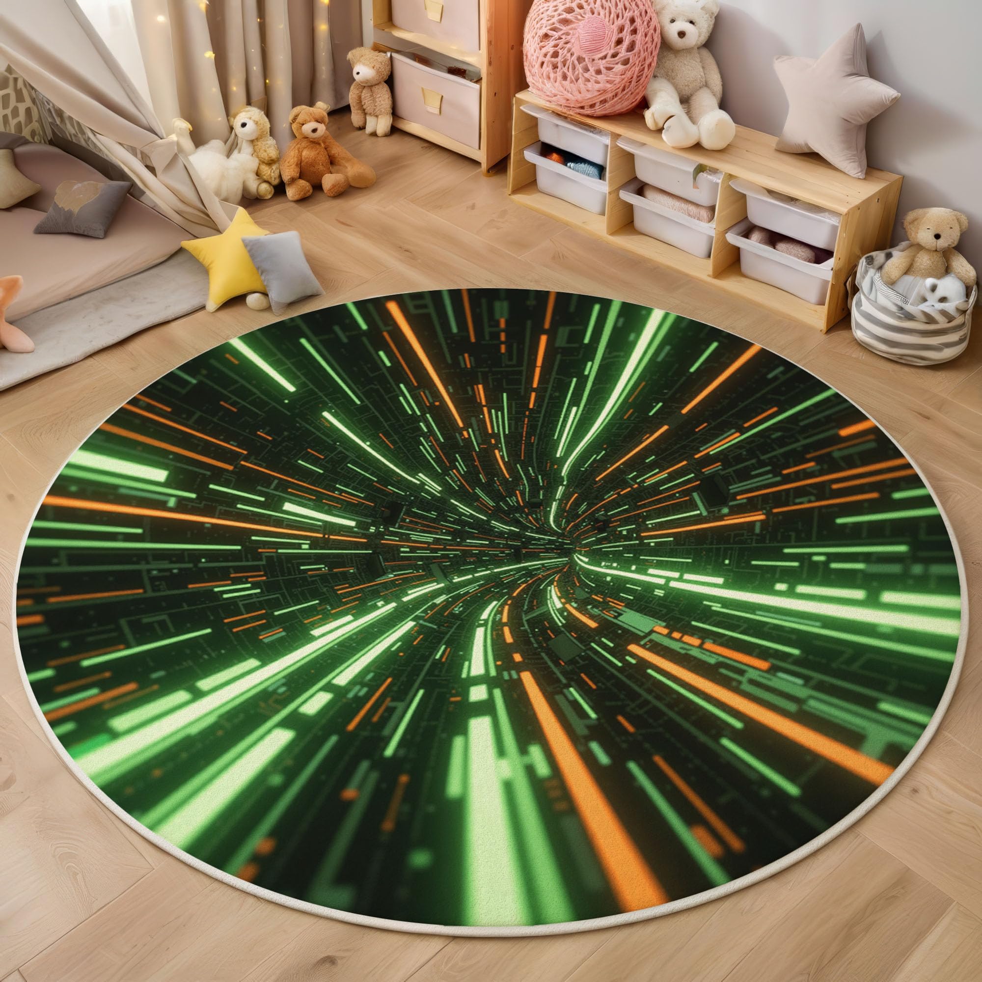 Tapis Rond Lignes Espace Tunnel 160cm, Style Futuriste Lavable en Machine Tapis Rond pour Salon, Antidérapant, Imprimé pour Salle à Manger, Chambre, Nurserie, Vert