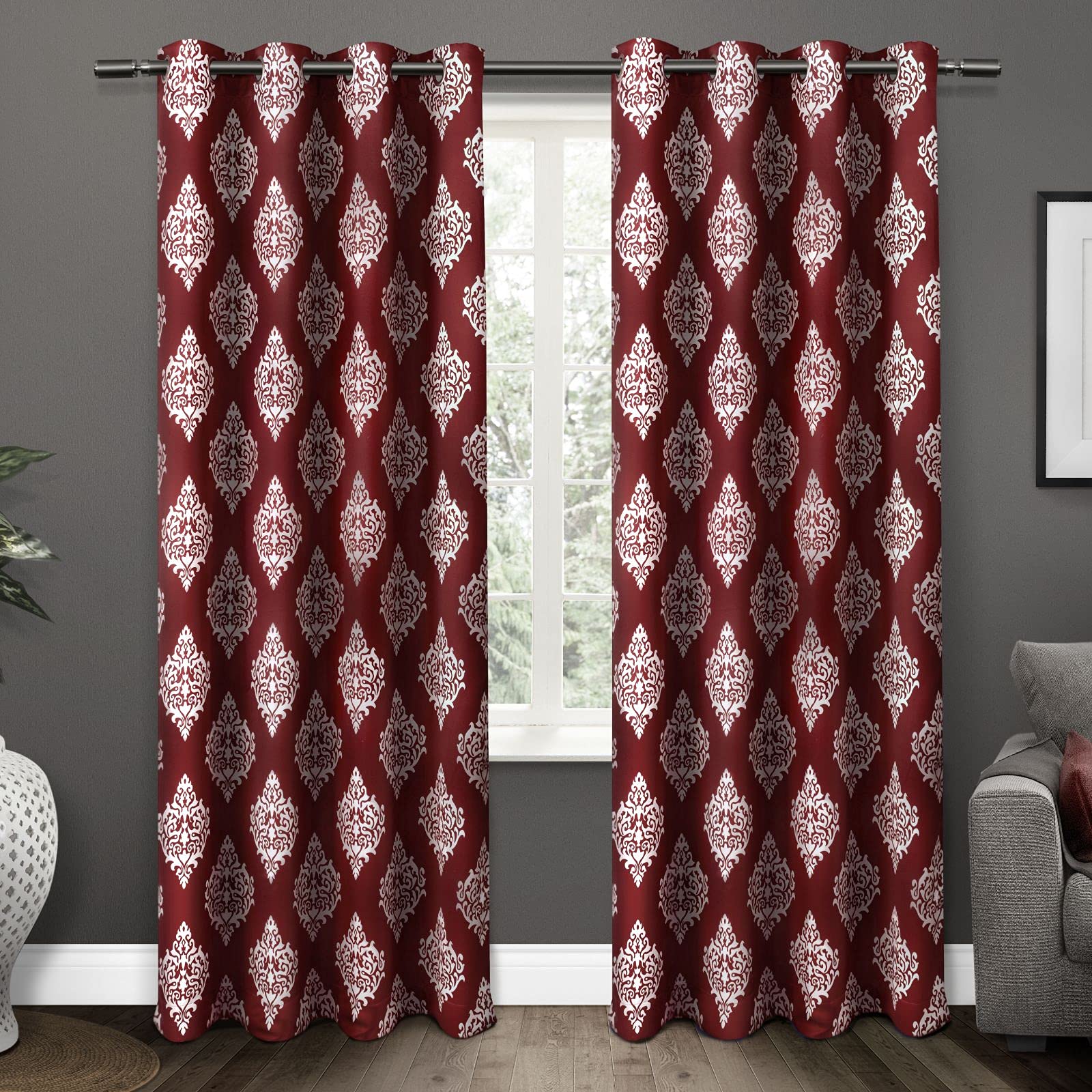 Exclusive Home Curtains Medallion Woven Blackout Grommet Top Panel Pair, Burgundy, 52x84, 2 Piece, W 52" x L 84" (2 Panels)