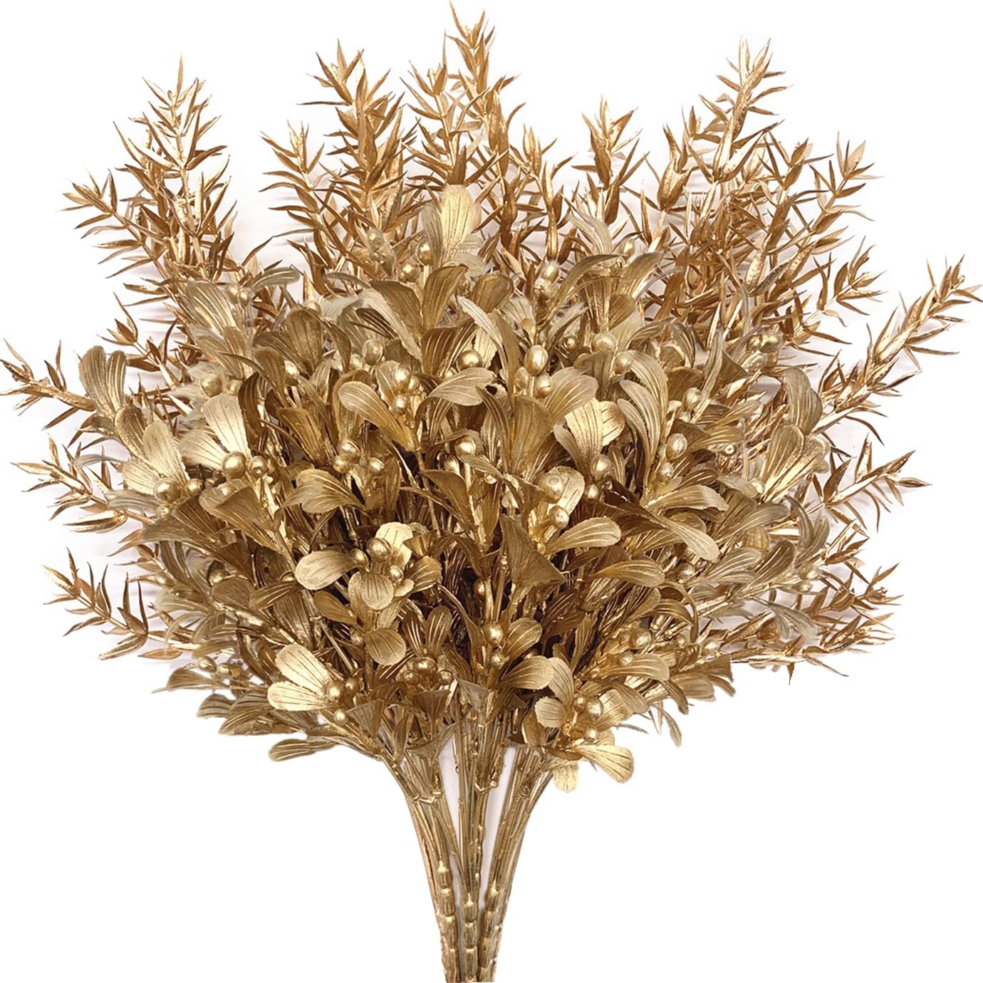 Gold Decorations Artificial Plants, CATTREE Golden Berry Leaves Fake Simulation Spiky Leaf Grass Plastic Faux Shrubs Bushes Ornaments Home Indoor Outdoor Wedding Decor Hall Table Planter Filler 4 Pack
