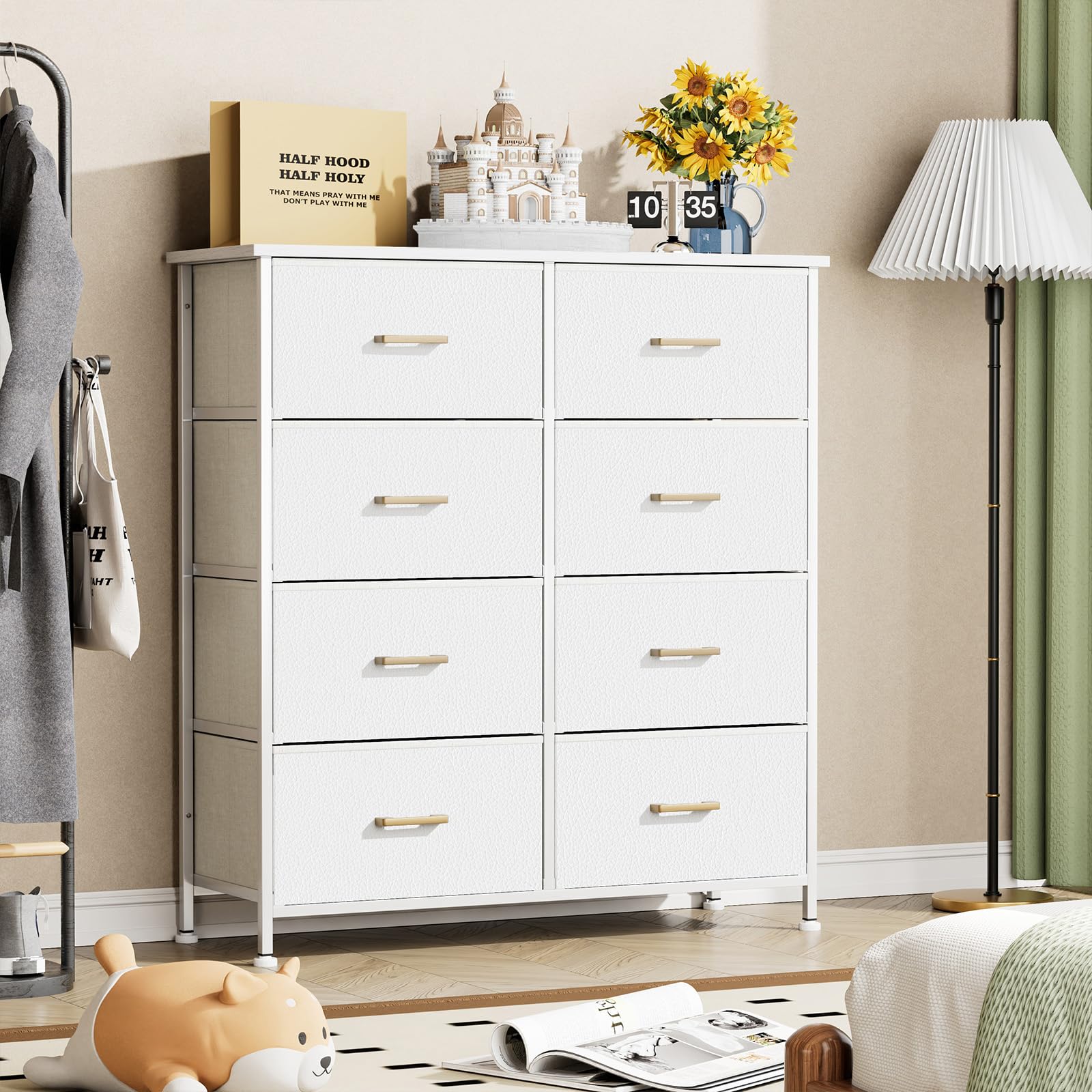 GipGiper White Dresser for Bedroom, Tall Dresser with 8 Large Drawers, Storage Tower with Fabric Bins, Chest of Drawers for Closet, Living Room,