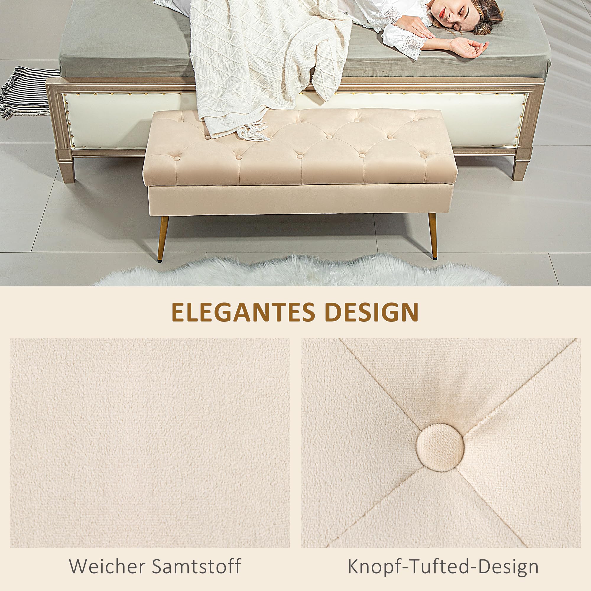 HOMCOM Banco almacenamiento tapa, terciopelo, 102x35x43cm, Beige | Banco tapizado, banco cama para pasillo, dormitorio, salón, marco metálico.