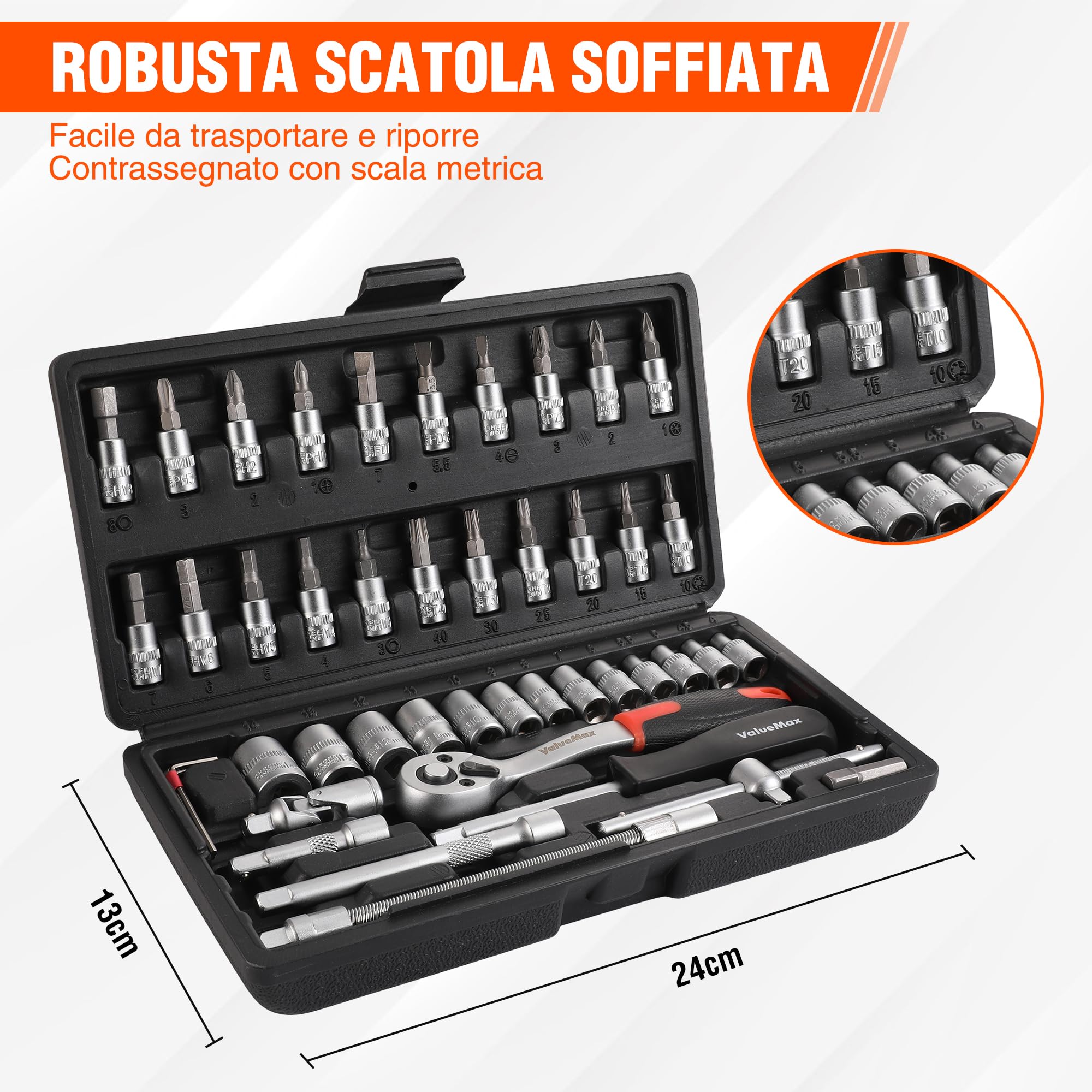 ValueMax Set di 46 Chiavi a Bussola Cr-V, Chiavi a Cricchetto da 1/4", Cassetta degli Attrezzi, Chiavi a Cricchetto con Punte per Cacciavite, per Riparazioni Domestiche, Automobili, Lavoro Meccanico