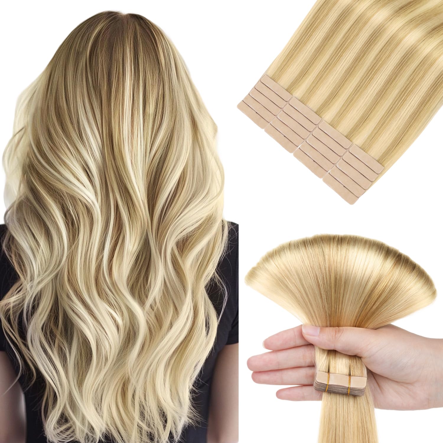 hotbanana Extension adesive con capelli veri, 50 cm Extension adesive con capelli veri 20 pollici 20 pezzi 50 g Biondo chiaro con riflessi dorati Extension adesive con capelli Remy dritti Extension