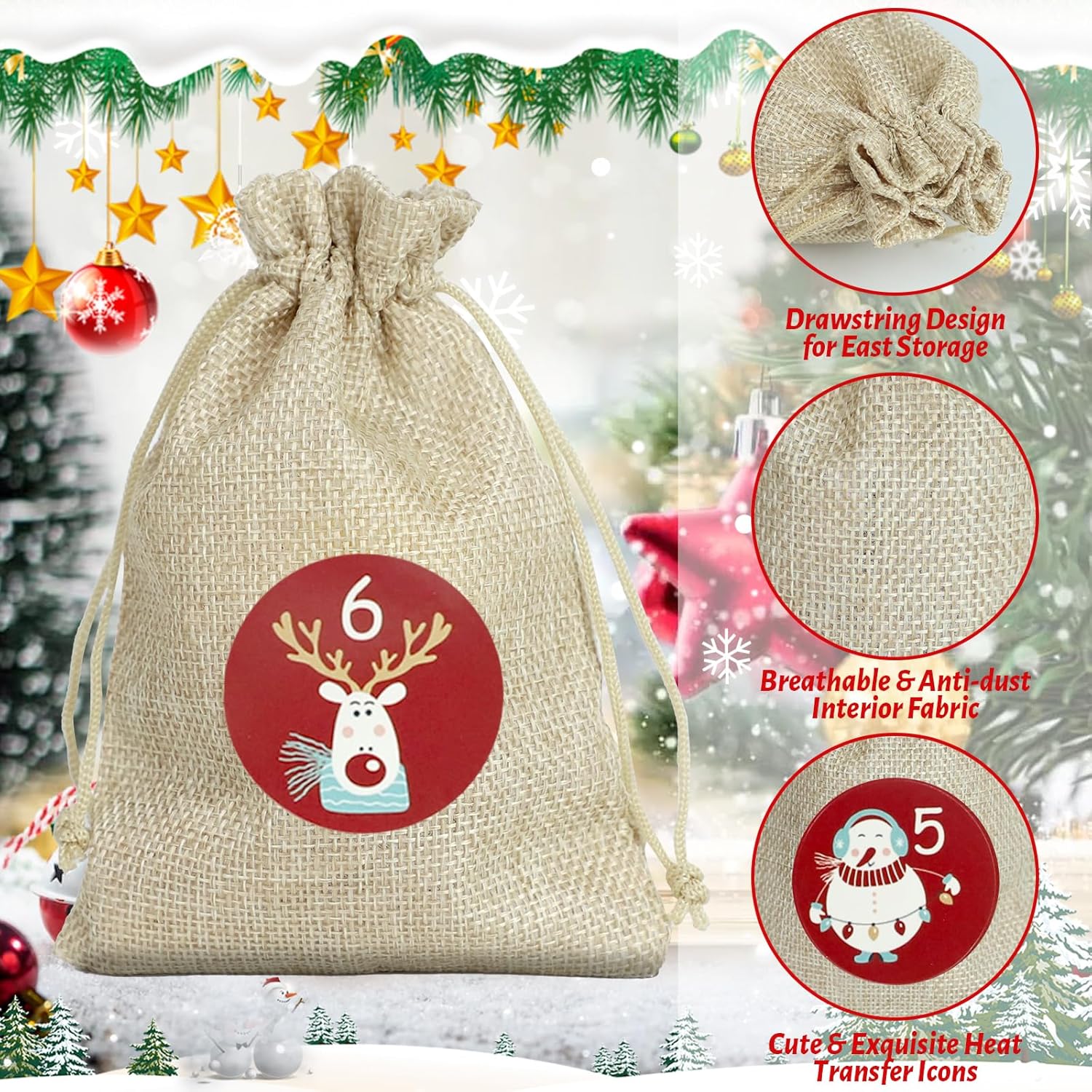 24 Pieces Christmas Drawstring Bags, Advent Calendar Bags 2024, Advent Calendar Boxes, DIY Advent Calendar Large Bags with Wooden Clips Christmas Numbers Stickers