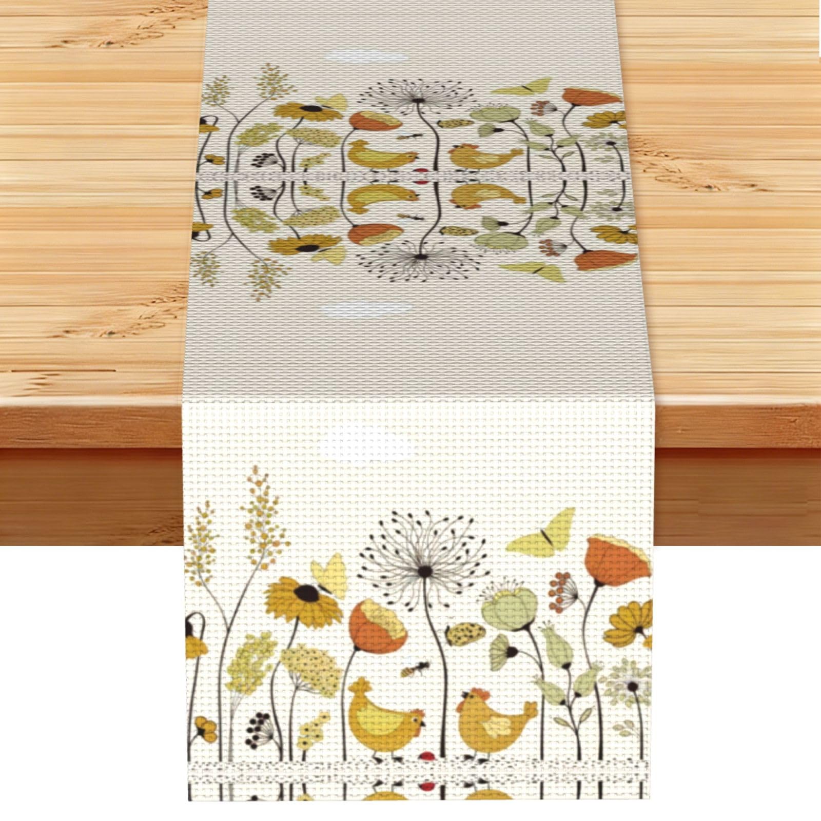 Hen Flying Butterflies Among Flowers Linen Feel Table Runner Wedding Party Home Decoration