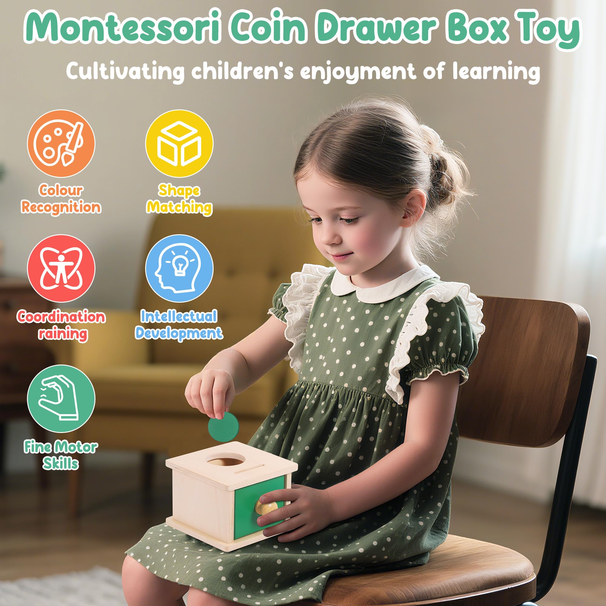 Starvortex Montessori zabawka od 6 miesięcy, drewniane pudełko na monety 2 w 1, dla dzieci od 1, 2, 3 lat, pudełko z możliwościami sortowania obiektów, dla chłopców i dziewczynek