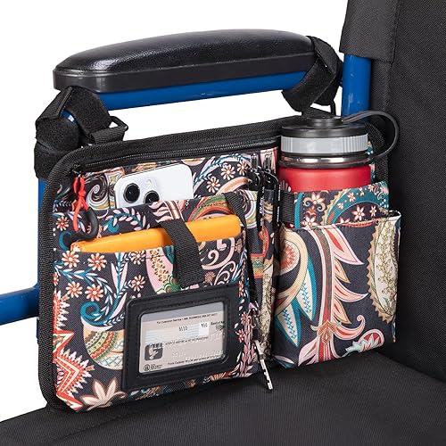 ISSYZONE Bolsa lateral para silla de ruedas, bolsa mejorada con soporte para tazas, accesorios para reposabrazos de silla de ruedas para andador,