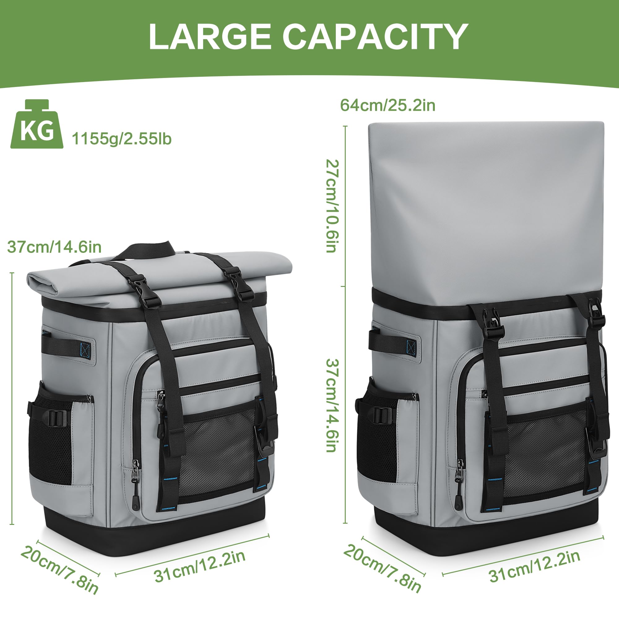 Kühlrucksack Isoliert Auslaufsicher, Großer Erweiterbarer Wasserdichter Kühltasche Rucksack Thermischer Picknickrucksack für Herren & Damen