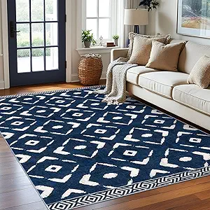 KILOCOCO Living Room Rug 6x9 Area Rug Printed Boho Washable Bedroom Rugs Non Slip Soft Large Moroccan Rubber Backed Indoor Rugs for Dining Room Office Farmhouse Geometric Carpet, Blue