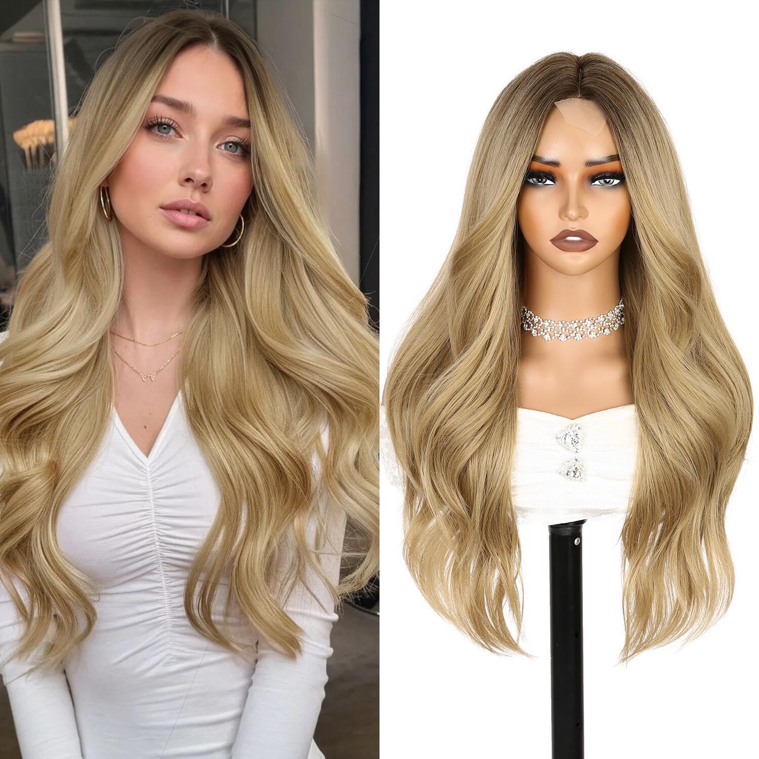 WIGER Long Ombre Blonde Wavy Wig for Women Middle Part Curly Natural Hairline Glueless Wigs TALOS Synthetic Heat Resistant Fiber Wig for Cosplay Costume Halloween Light Brown