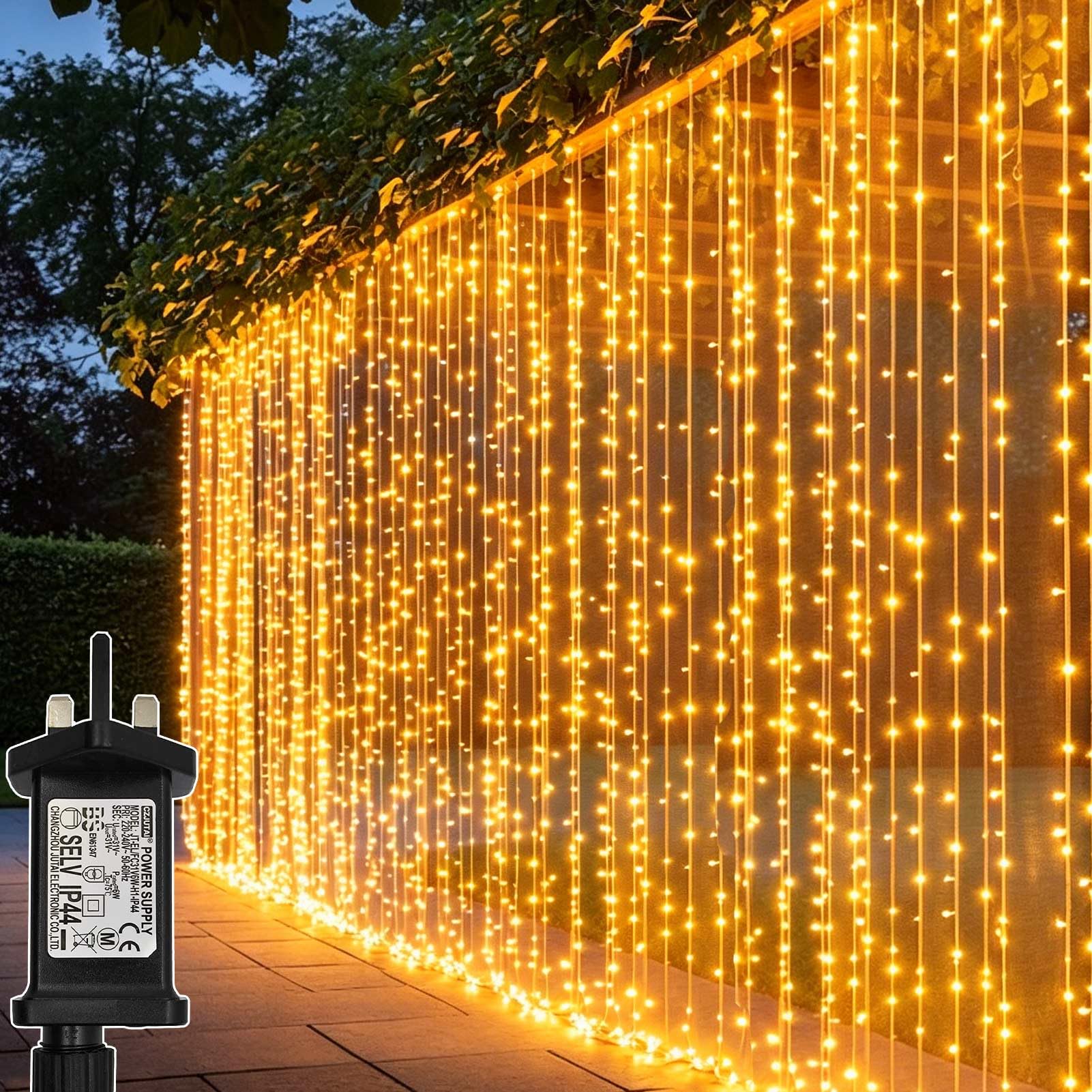 Lichtfam Curtain Lights Outdoor Garden 600 LED 6m x 3m Fairy Lights Mains Powered with Timer, Connectable Waterfall Hanging String Lights for Gazebo Pergola Wedding Party Backdrop Wall Window Decor