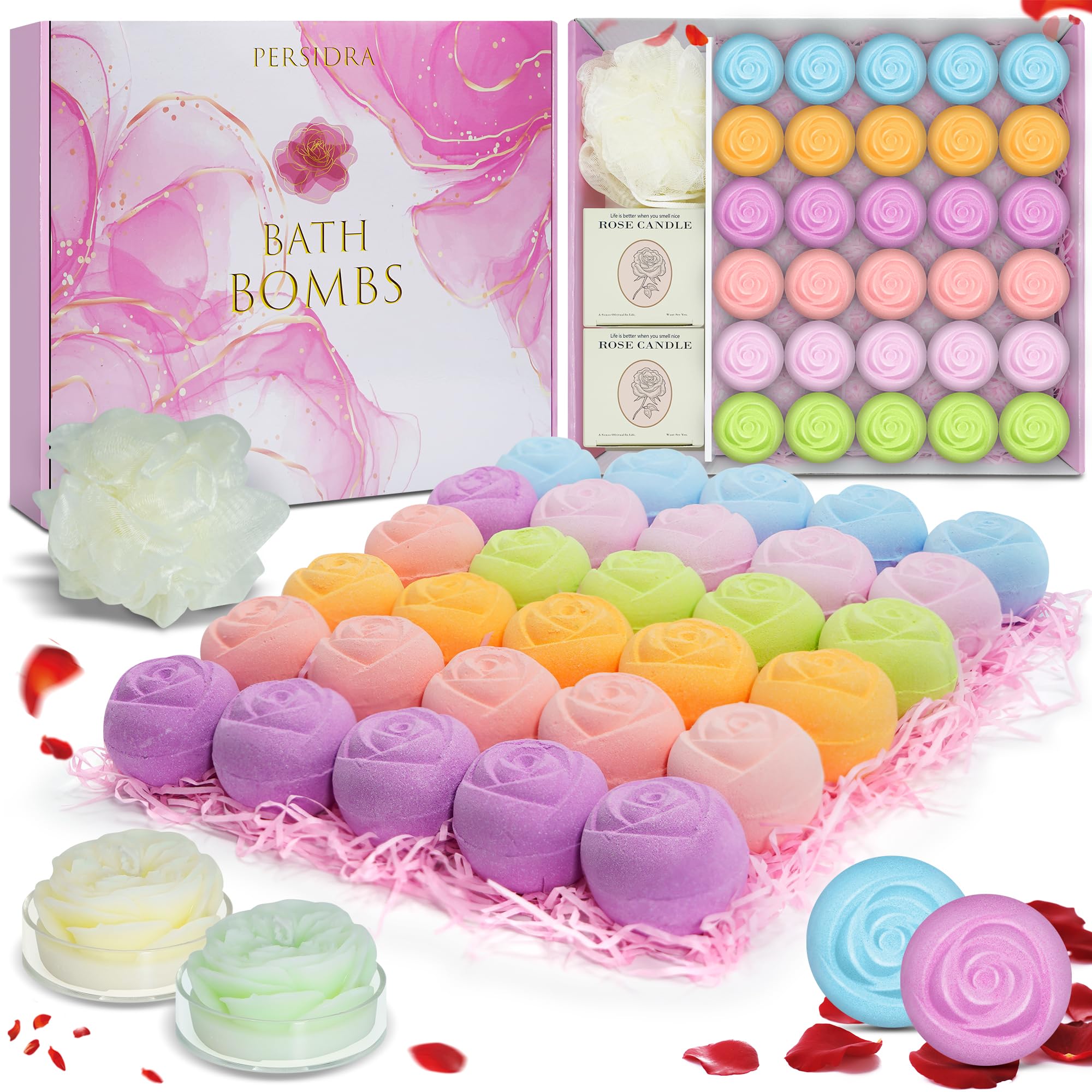 Bath Bombs for Women - 30 Pcs Handmade Natural Essential Oils Rose Bath Bombs with Scented Candles, Home Spa Fizzies Bubble Bath, Birthday Gifts for