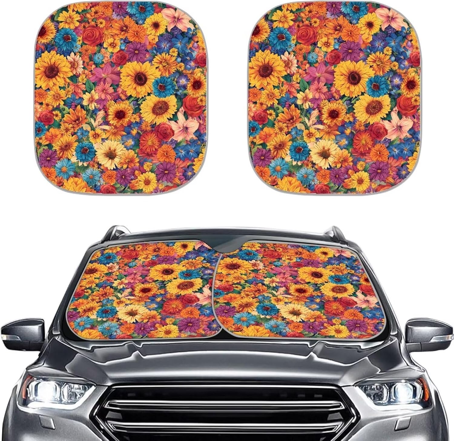 DISNIMO Abstract Groovy Flower Summer Beach Car Windshield Sunshade 2 Pieces Auto Front Windshield Sun Shade- Hawaiian Tropical Cars Window Sunshade Blocks UV Rays Sun Visor Protector