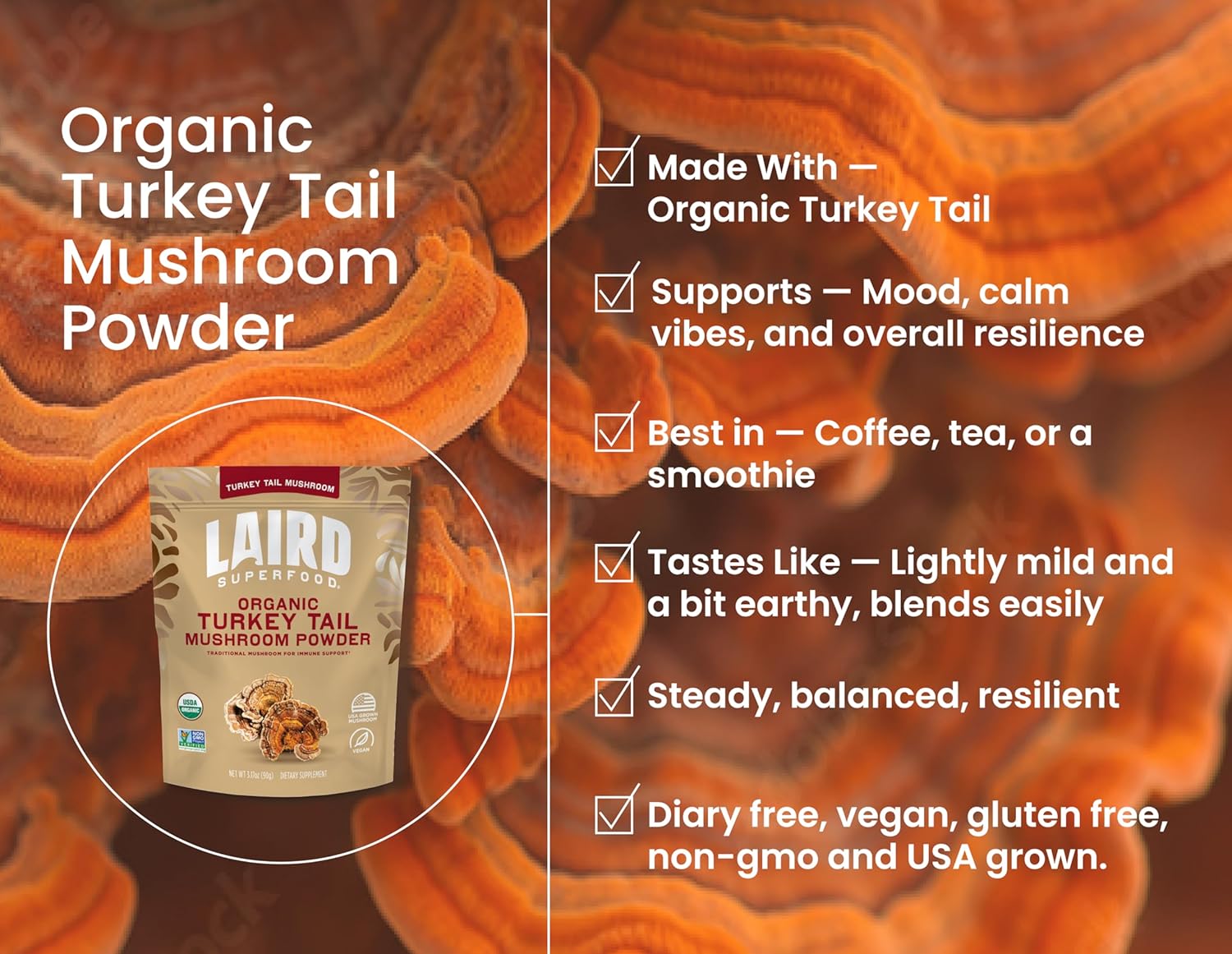 Laird Superfood Organic Turkey Tail Mushroom Powder for Immune Support, 3.17 oz. Bag, Pack of 1