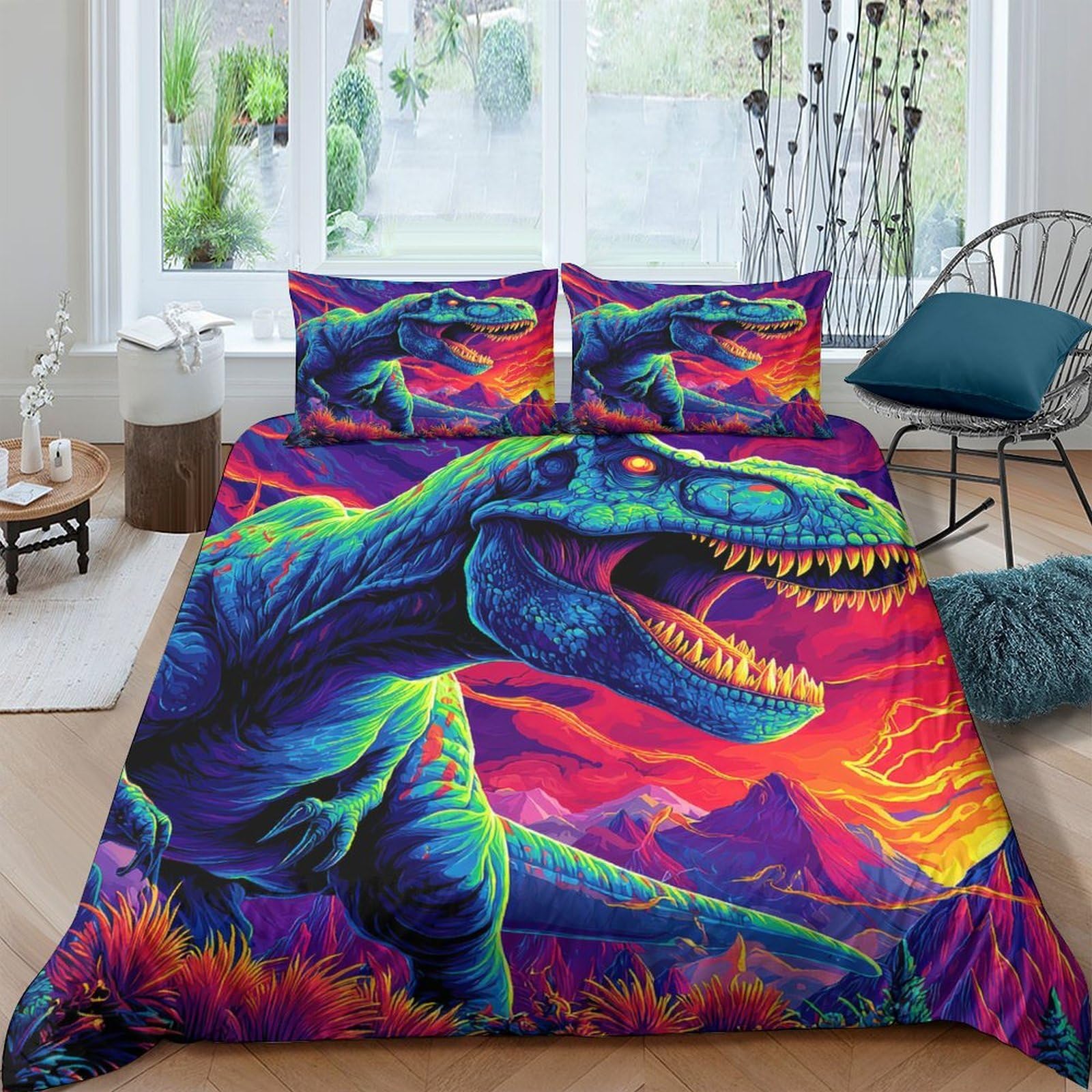Ctjqhvkz Style-8 3D Printed Neon Dinosaur Fitted Sheet Microfiber Soft Bedroom Decor Sunset Landscape Mattress Cover All Ages Single（135X200cm）