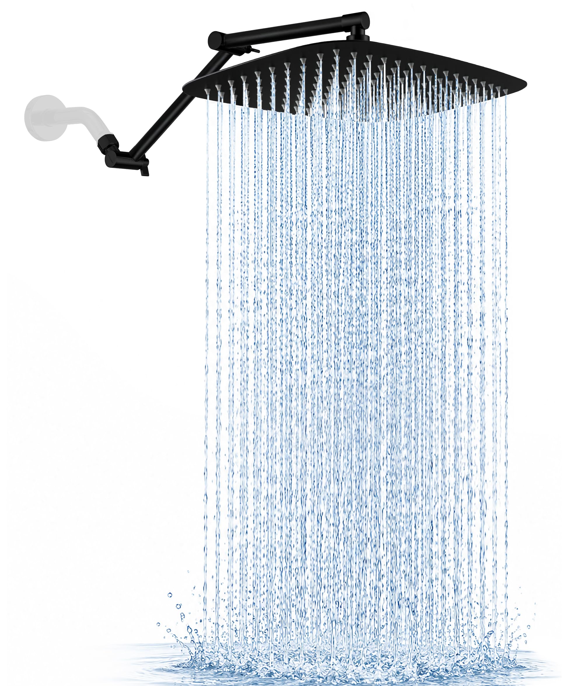 G-Promise All Metal 14 inch Rain Shower Head with 16 Inch Adjustable Extension Arm, High Pressure Rainfall Showerhead, Luxury Modern Look Rectangular Large Waterfall (Matte Black)