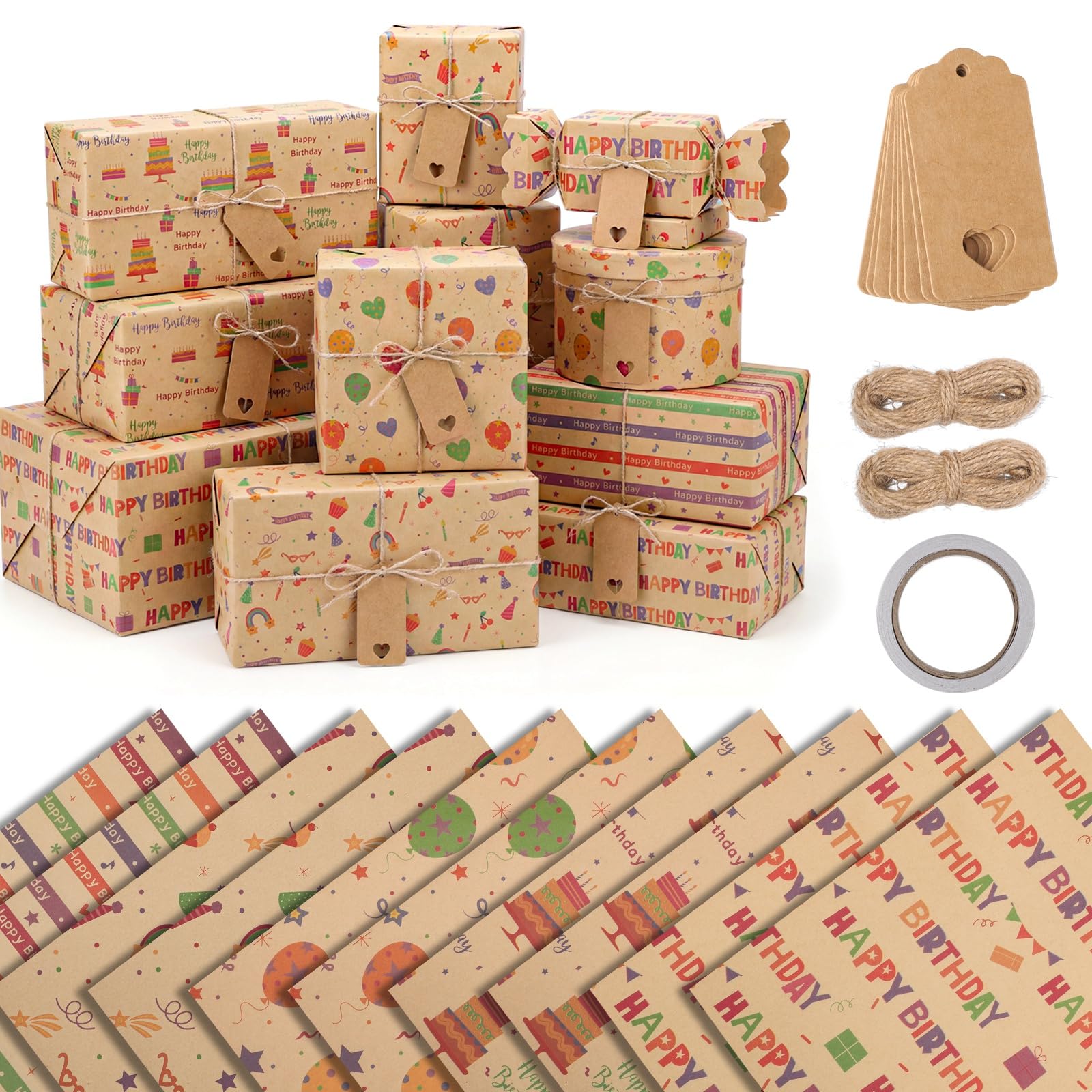 woric Birthday Wrapping Paper, 10 Sheets Kraft Gift Wrapping Paper plus Tags Jute String Double Sided Tape Birthday Gift Wrap Set for Men Women Girls Boys (50 x 70 cm)