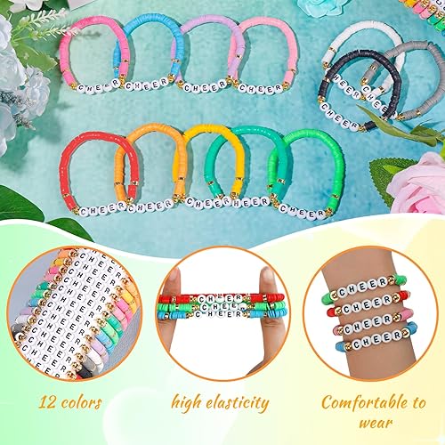 Miniatura 31 de LUYI Juego de 32 pulseras de joyería preppy para mujer, con cuentas de arcilla coloridas, juego de pulseras Heishi, apilables, pulseras elásticas