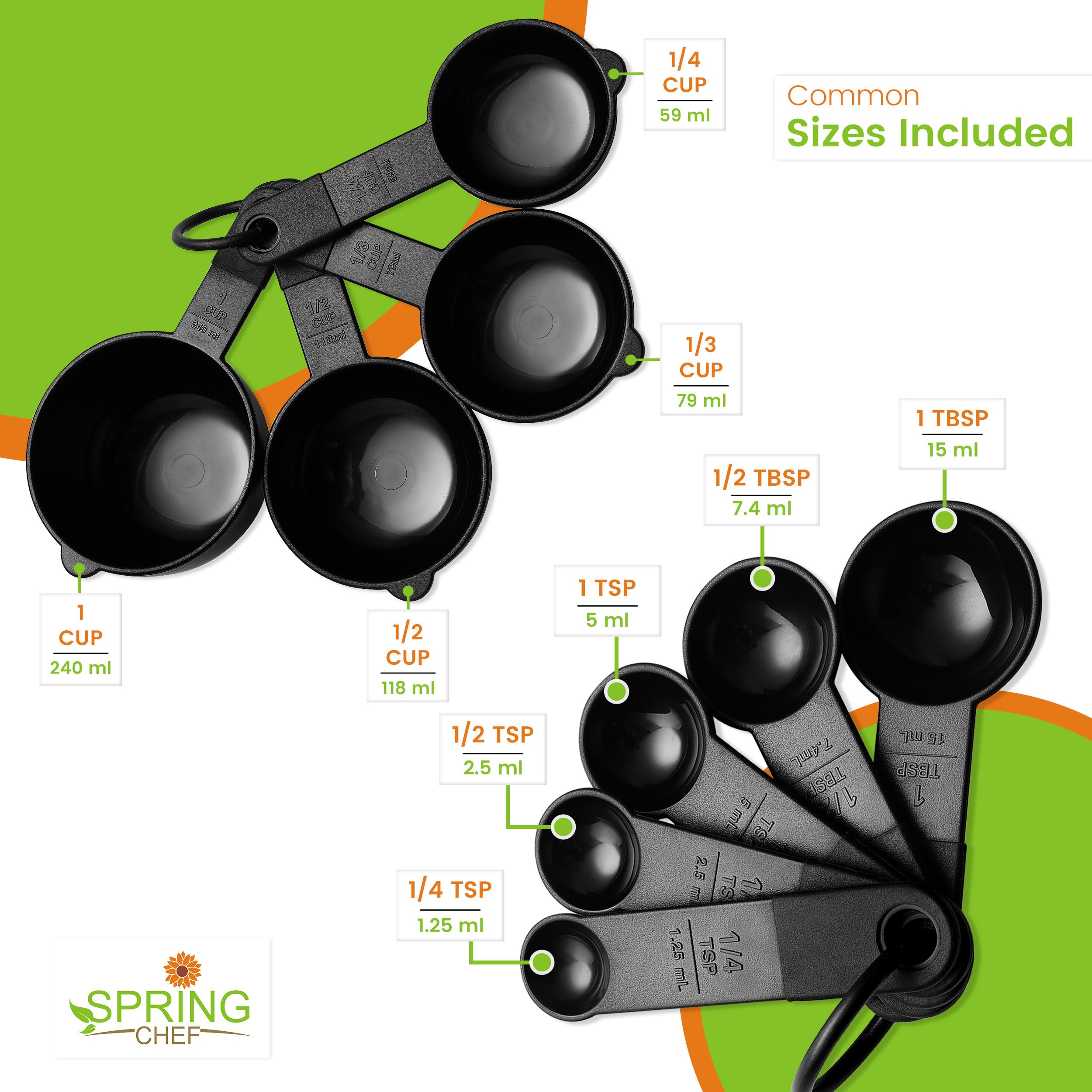 Juego de 9 tazas y cucharas medidoras magnéticas, herramienta de cocina anidable con marcas fáciles de leer para medir ingredientes secos o líquidos, sin BPA, color negro 3