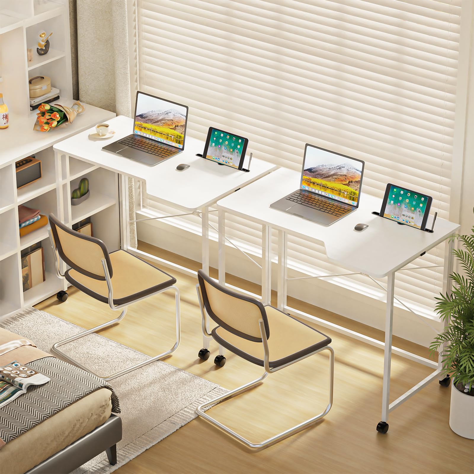 Schreibtisch klappbar mit Tablet Steckplatz, Mobiler Computertisch mit 4 Rollen, Faltbar PC Tisch Bürotisch für Home Office 90x56x75cm, Klappschreibtisch Holz Weiß