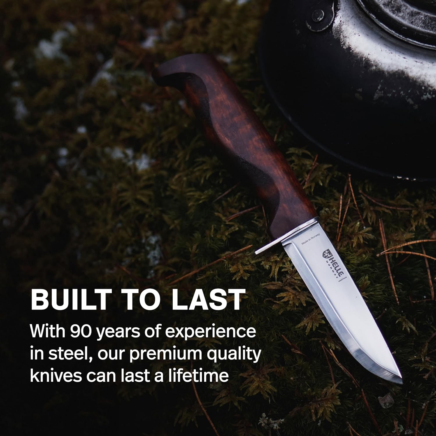 HELLE Knives - Speider - Fixed Blade Knife - Birch Wood Handle - Stick Tang - Camping, Fishing, Hunting - Stainless Steel - Leather Sheath - Made in Norway