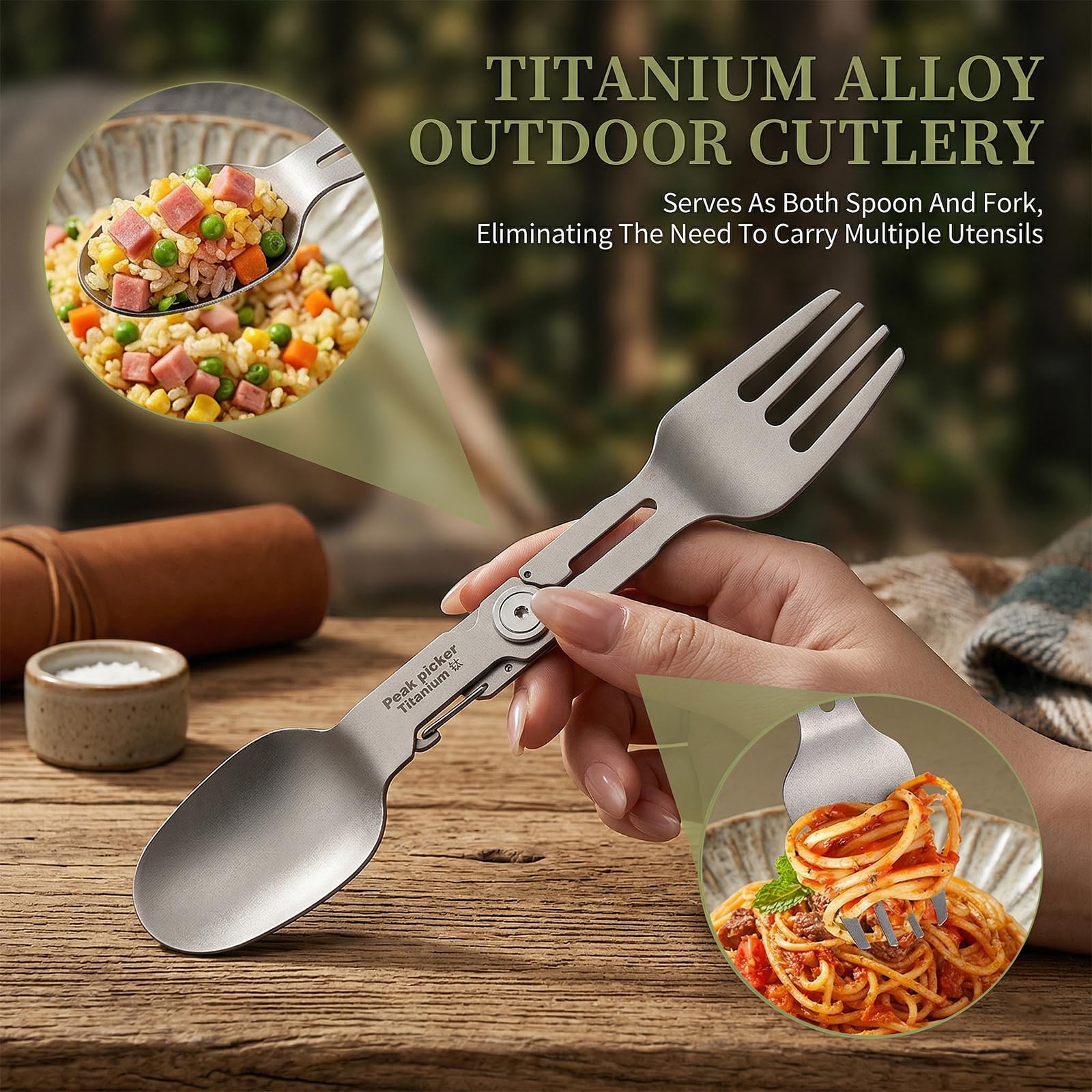 Sztućce kempingowe, sztućce kempingowe, 1 osoba, składane sztućce tytanowe, sztućce outdoorowe, ultralekkie, 28,5 g, sztućce kempingowe, składane z czystego tytanu, 2 w 1, z karabińczykiem, do