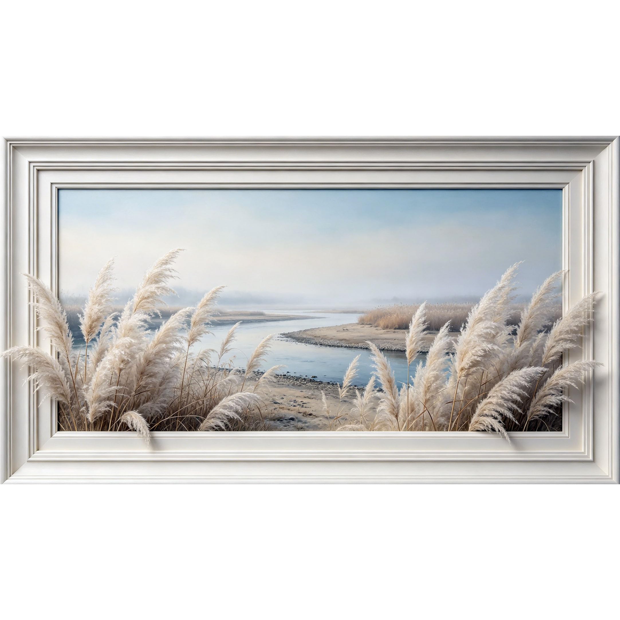 QZLITHOTIC 50×90cm3D Framed Wall Art， Mist River Landscape Reed Plant Self?Adhesive Mural， Water?Activated Peel & Stick Fabric Decor Wall Decal for Bedroom Living Room