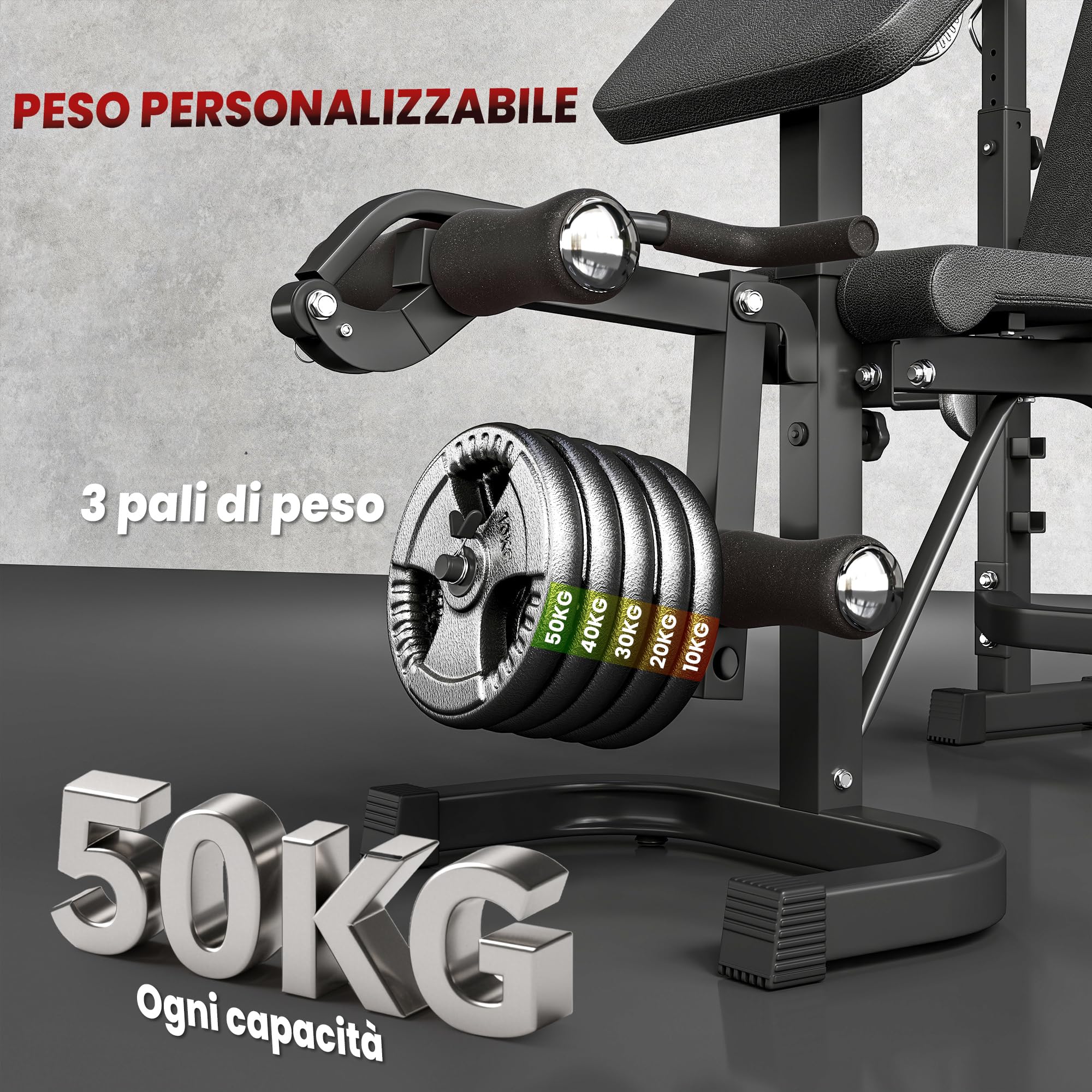 HOMCOM Panca Palestra Multifunzione Regolabile con Rack Bilanciere, Pad per Gomiti e Schienale, Panca Pesi Inclinabile Piana con Leg Extension, Low Row, Arm Curl, Addominali, Allenamento Palestra Casa