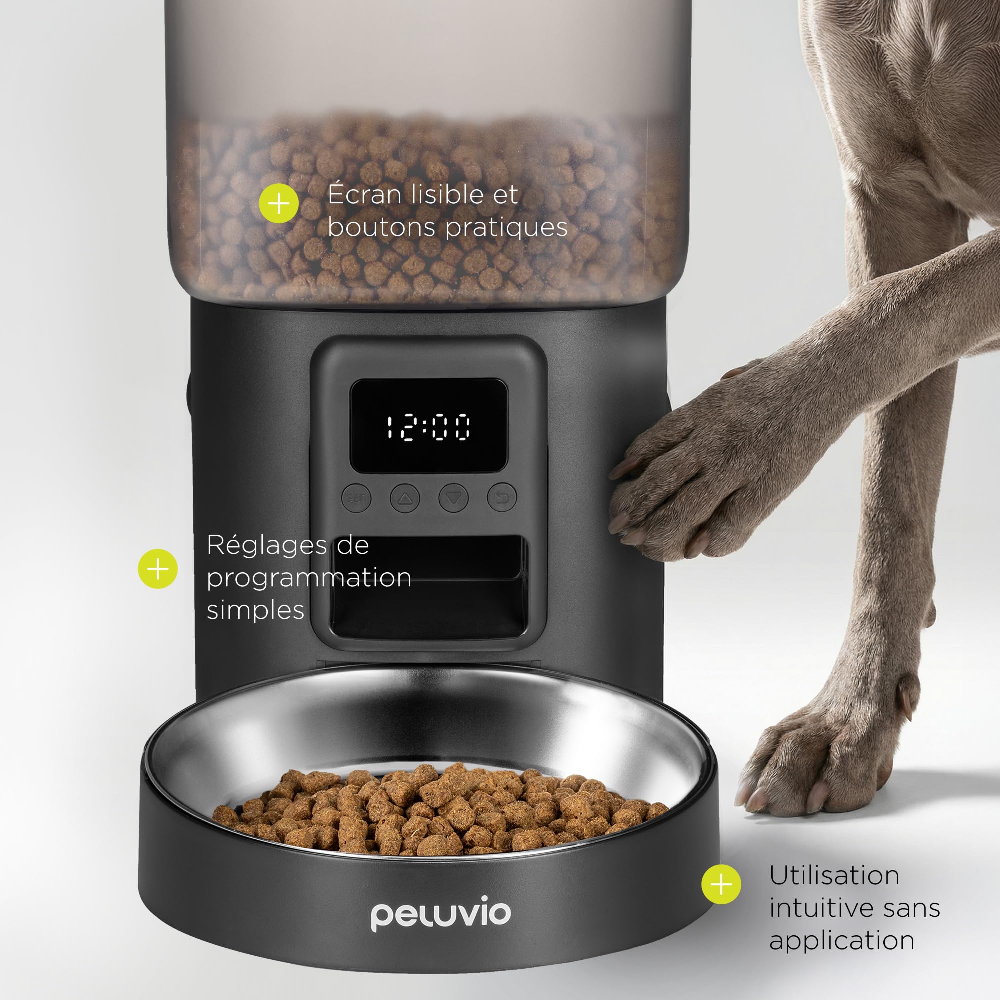 Crispy Distributeur Automatique de Nourriture pour Chien avec minuterie, jusqu'à 4 Repas, Alimentation de Secours avec Batterie, USB-C, écran LCD, gamelle en Acier Inoxydable, 4,5 L pour