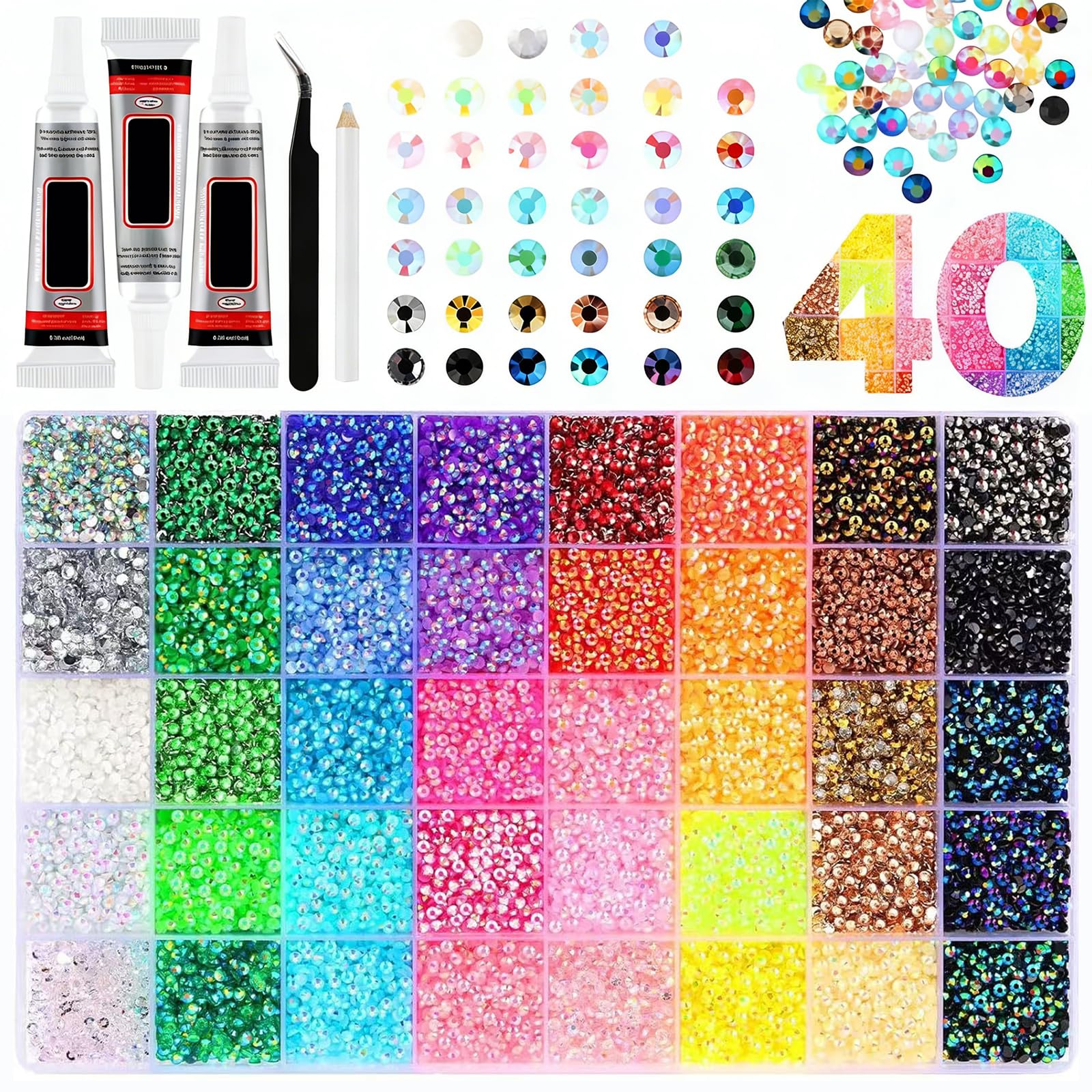 40 Farben 3mm Jelly Strasssteine,32000 Stück Glitzersteine Bedazzler Kit,Enthält 1 Pinzette und 1 Stift, geeignet für DIY-Dekorationen bei Kleidung, Schuhen, Nageldesign, Malerei und vielem mehr