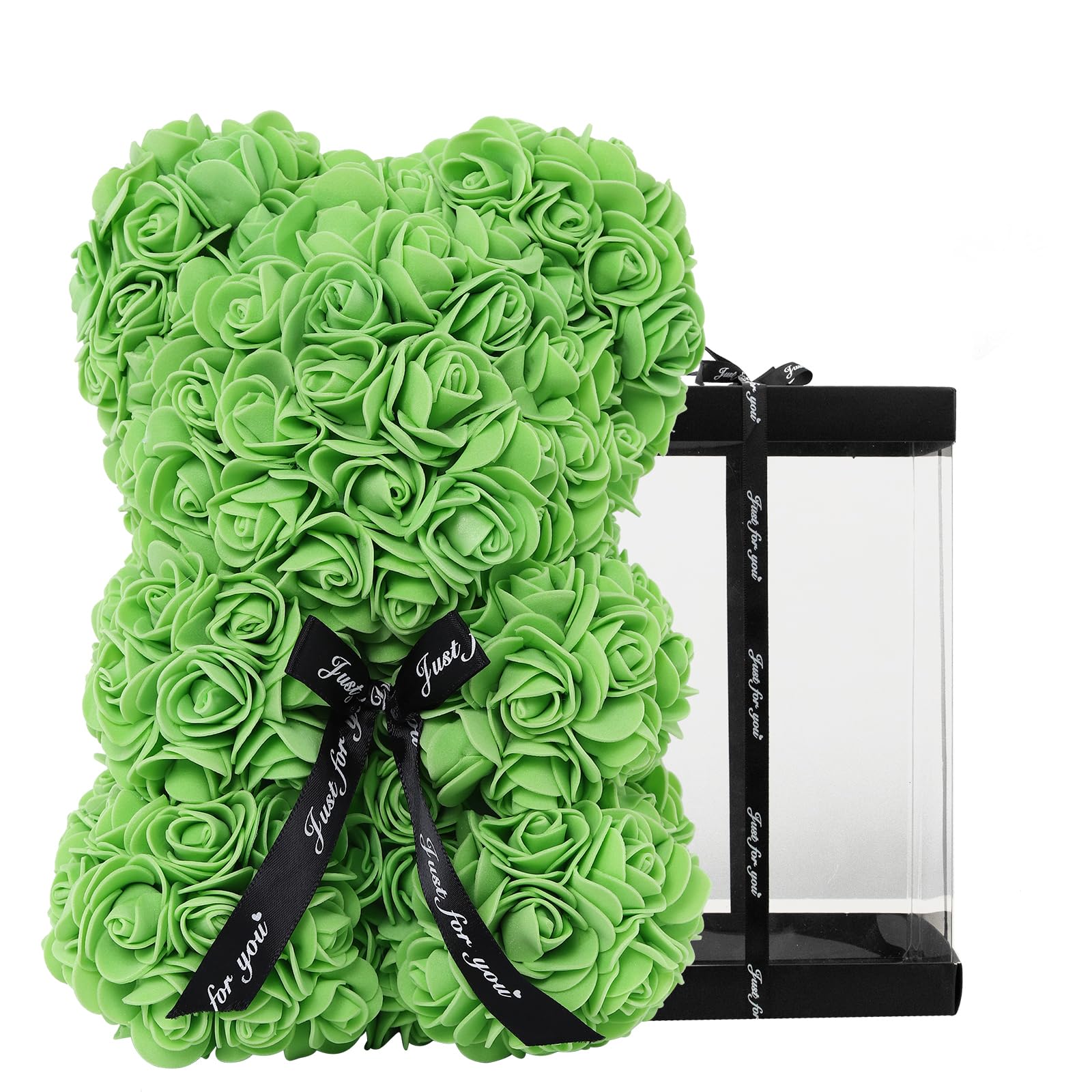 DuHouse Rose Bear Rose Teddy Bear Flower Gift Black Box for Valentines Gifts Anniversary Christmas,Birthdays Bridal Showers -Fully Handmade 10 inch Flower Bear Clear Gift Box (Green)