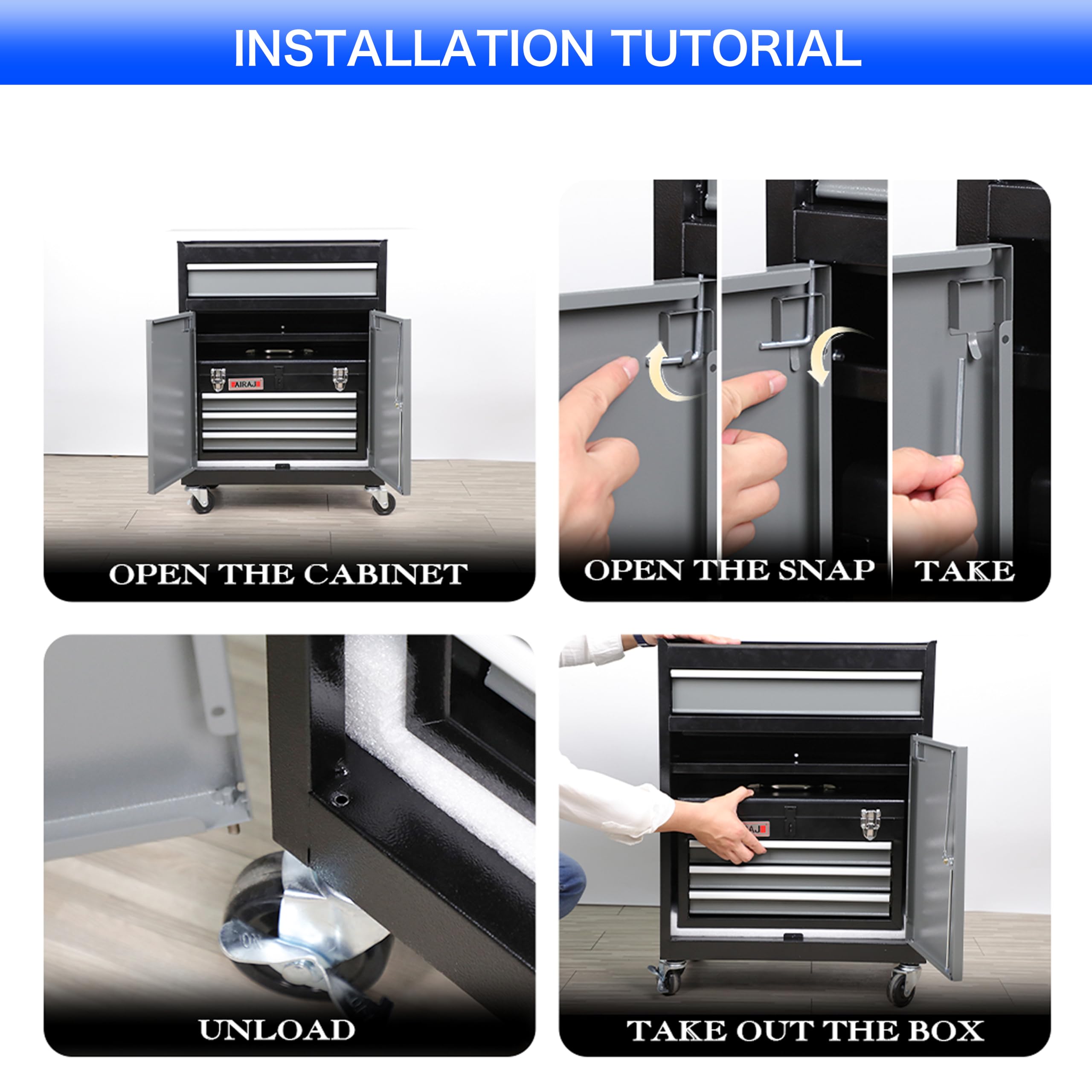 AIRAJ Cassettiera portautensili a 4 cassetti con ruote, 2 in 1, armadietto per attrezzi rimovibile in metallo e top box, resistente cassetta degli attrezzi con 4 ruote (2 freni) per garage, officina