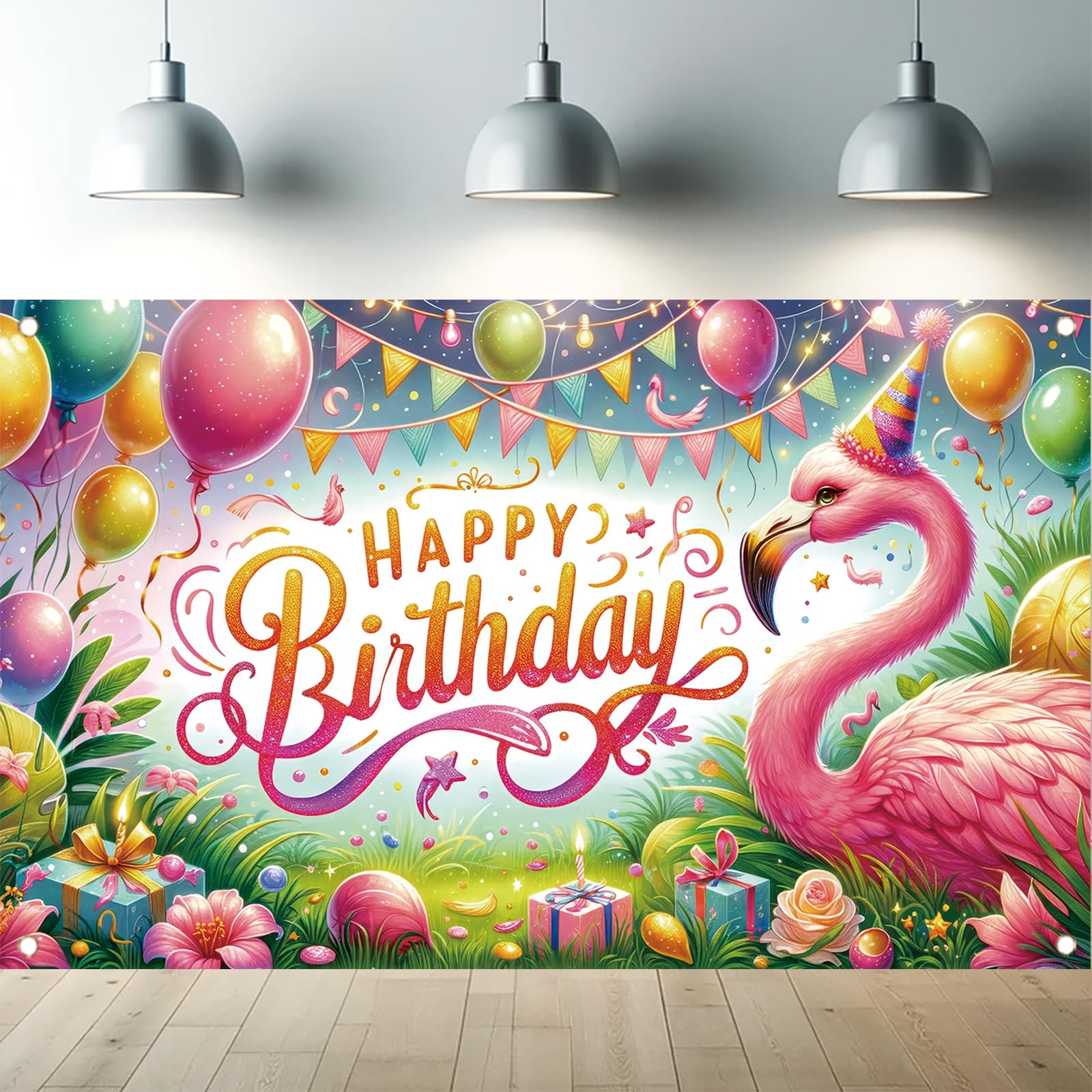 Pink Flamingo Birthday Party Backdrop Happy Birthday Banner Summer Tropical Flowers Hawaiian Birthday Photography Background for Luau Aloha Birthday