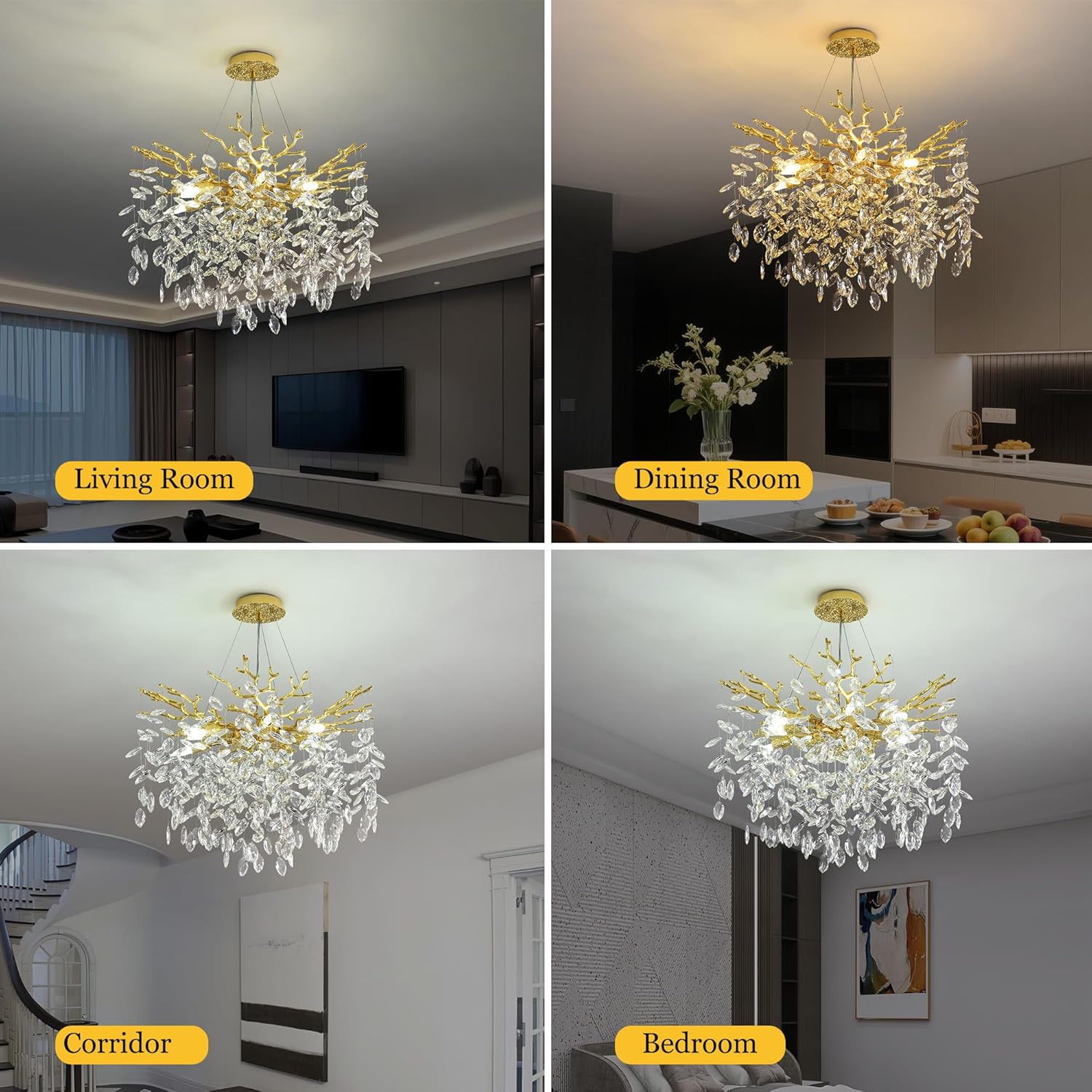 Tree Branch Chandelier Modern Crystal Pendant Light, Luxury Gold Art Deco Raindrop Lighting Fixture for Dining Room Bedroom Living Room 6 Lights D18''