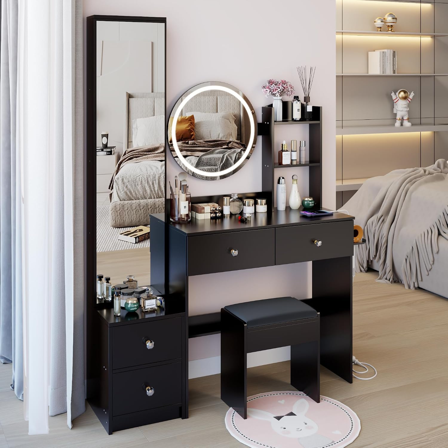 Montary 43.3" Large Vanity Desk Set: Full - Body Mirror + 2 AC & 2 USB Outlets + Hair Dryer Holder, Soft Cushion Stool, Large Mirror, LED Light, Drawers & Storage, Black