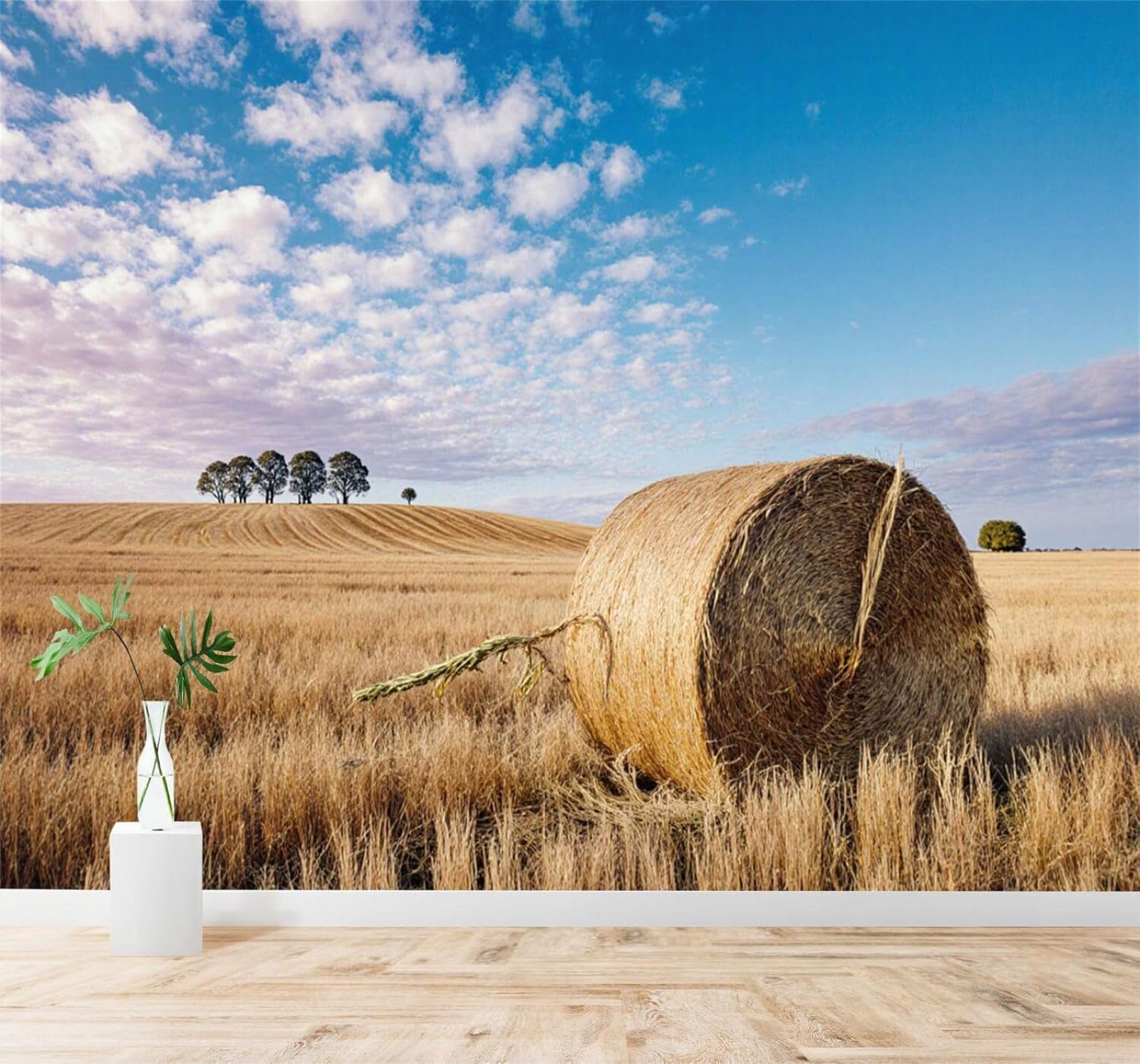 XLMING Golden Wheat Field Hay Bales Blue Sky Rural Landscape Art 3D Wallpaper Premium Textured Silk Study Dining Living Room Bedroom Sofa TV Wall Easy Install-400cm×280cm