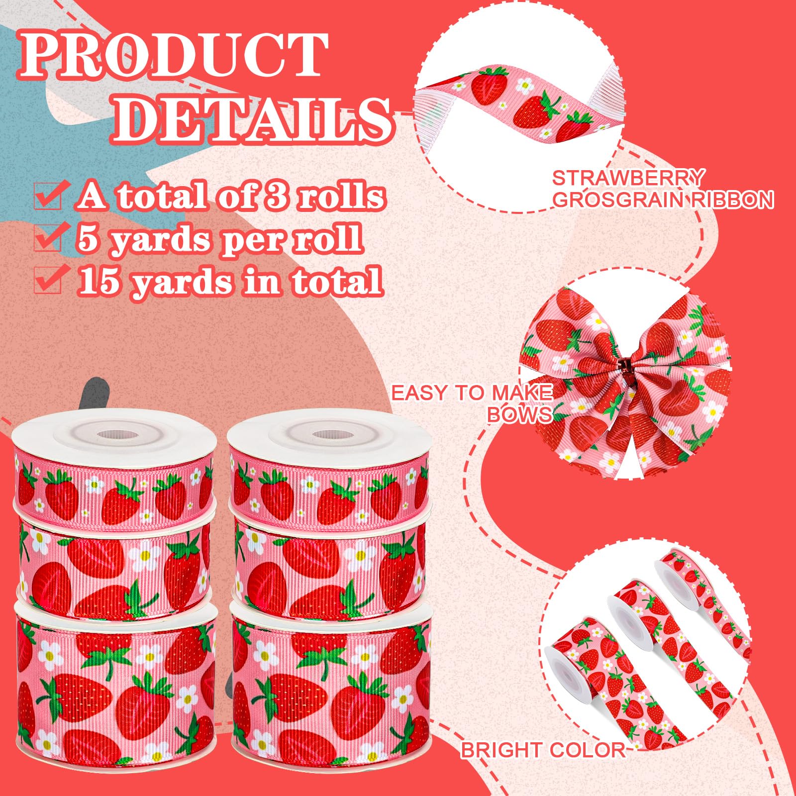 Amazon.com: JarThenaAMCS 3 Roll Strawberry Grosgrain Ribbon Summer