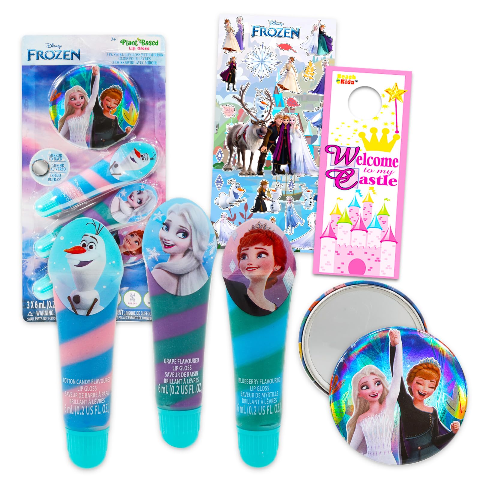 Frozen Lipgloss Set - Bundle mit 3 Frozen Gloss Tubes und 1 Spiegel, Frozen Sticker und mehr | Anna und Elsa Lipgloss Kit