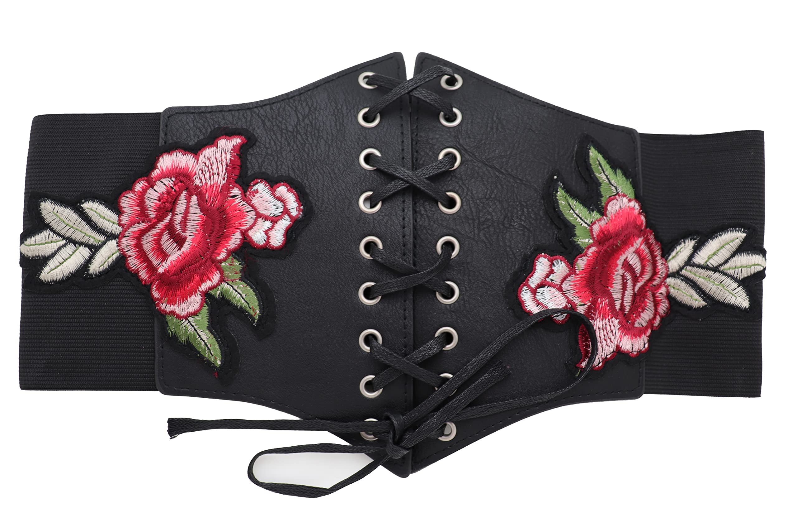 Women Black Corset Fashion Belt - Wide Elastic Waistband Red Rose Flower Size S M