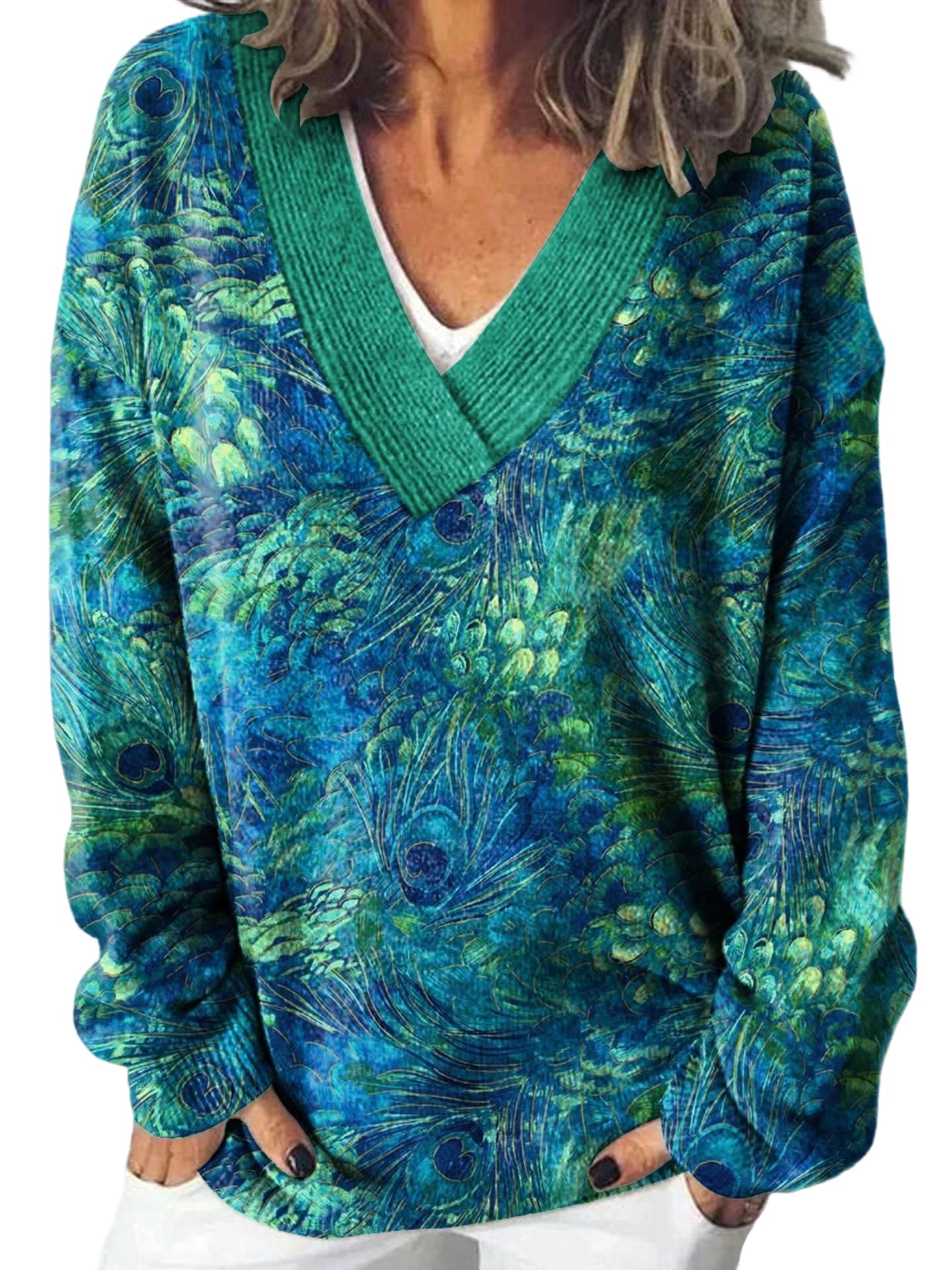 Womens Patterned V-Neck Sweater Long Sleeve Knit Pullover Casual Lightweight Fashion Top for Fall Winter Spring Layering