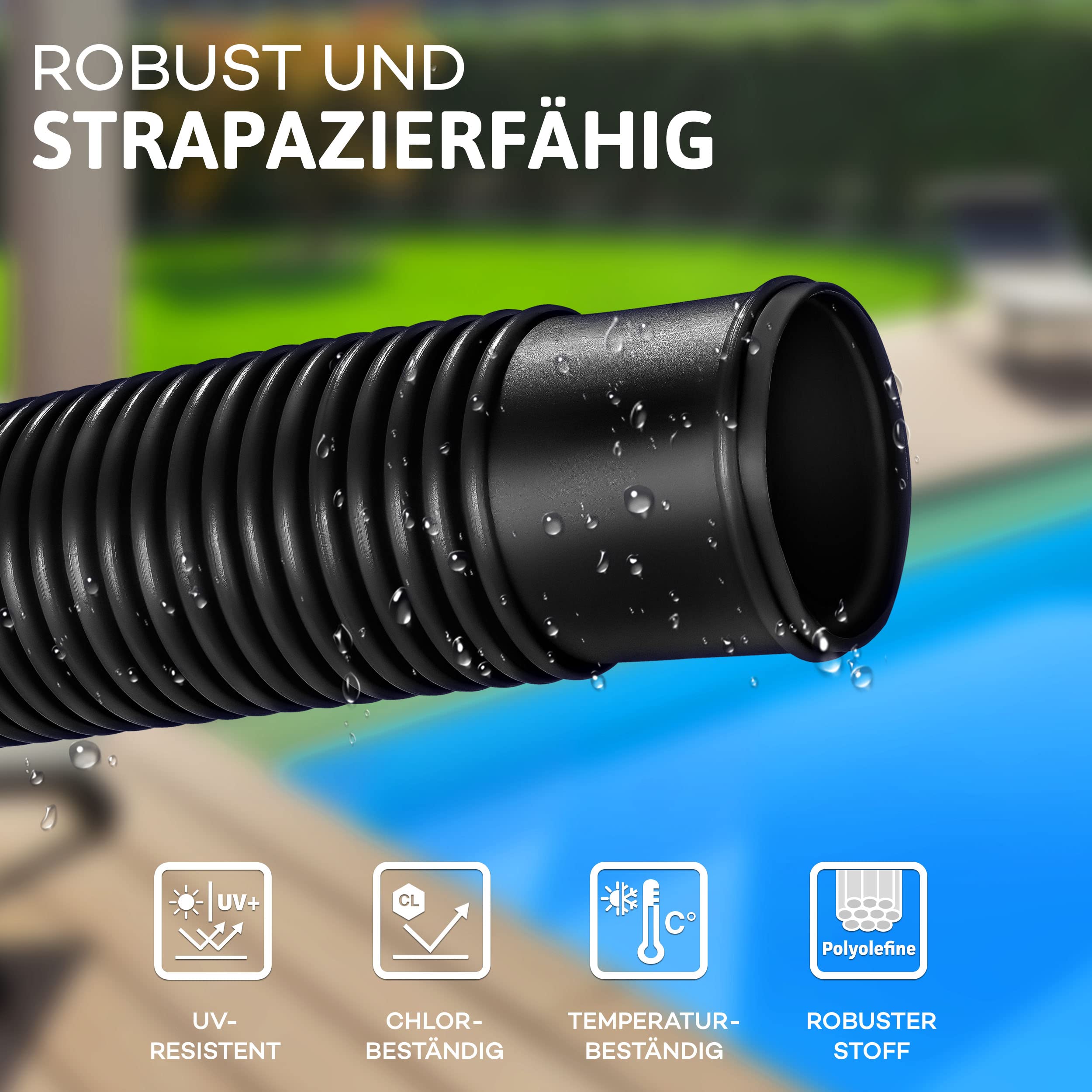 tillvex Poolschlauch Made in Germany | Schwimmbadschlauch mit Muffen | Solarschlauch für Pool und Schwimmbecken | Saugschlauch | Pumpenschlauch | flexibler Wasserschlauch (Schwarz, 6m / 38mm)