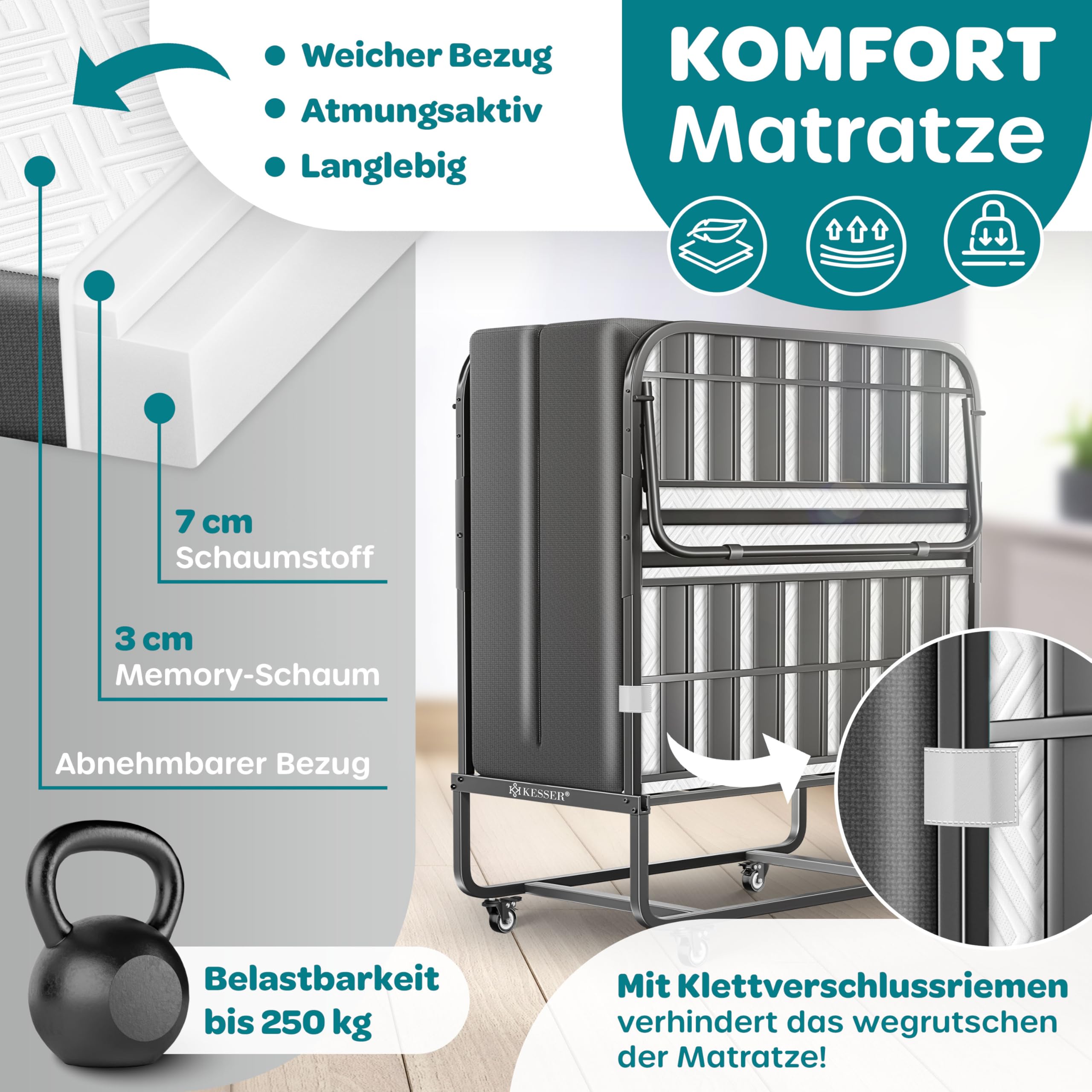 KESSER® Klappbett 200x90cm Gästebett inkl. Matratze aus Memory-Schaum & Rollen | faltbares Reisebett mit Metallrahmen für Erwachsene belastbar bis 250kg | Metallbett mit Schaumstoffmatratze & Cover