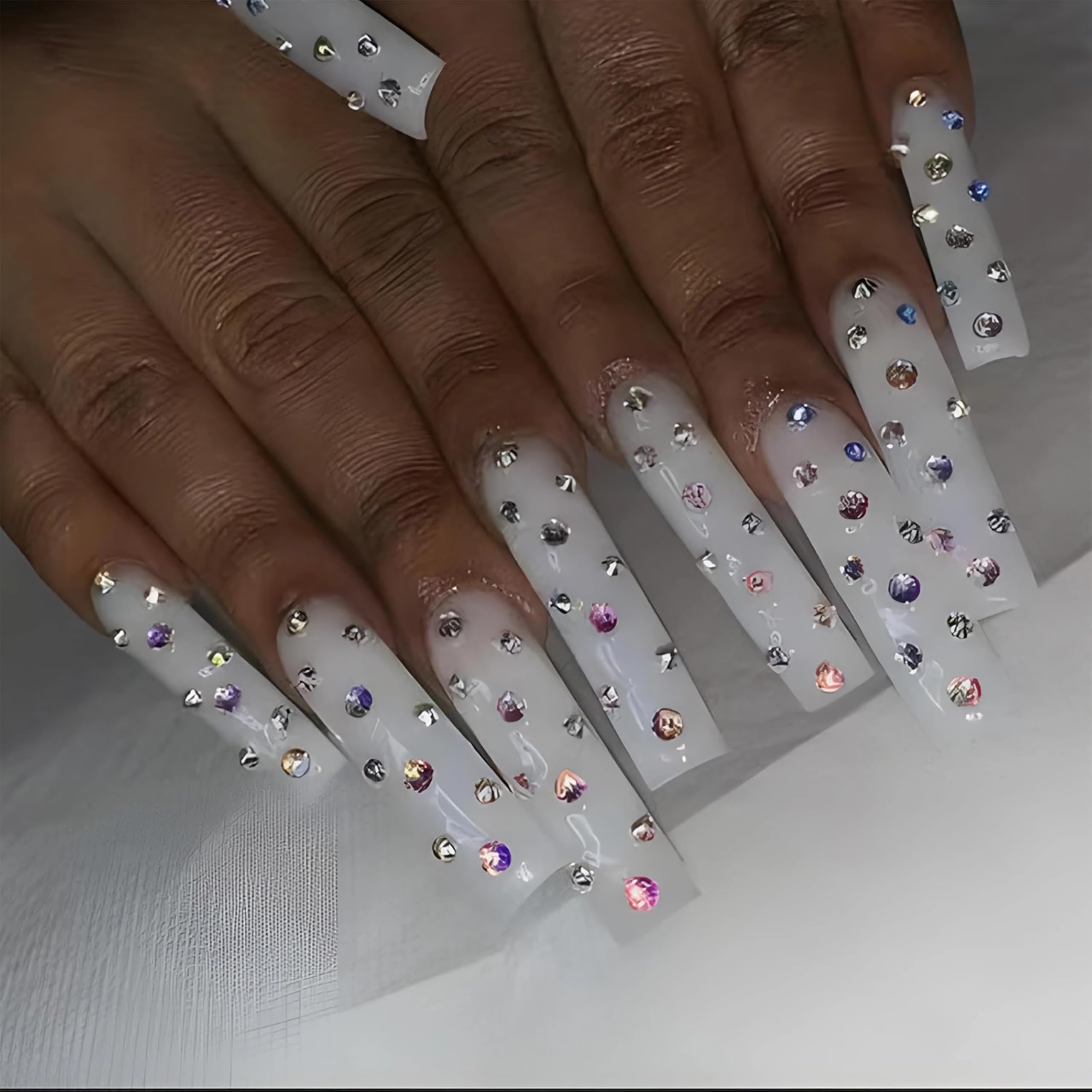BABALAL White Press on Nails Long Square Glue on Fake Nails with Charm Rhinestone Bling 24Pcs Luxury Acrylic False nails Squoval Full Cover Manicure