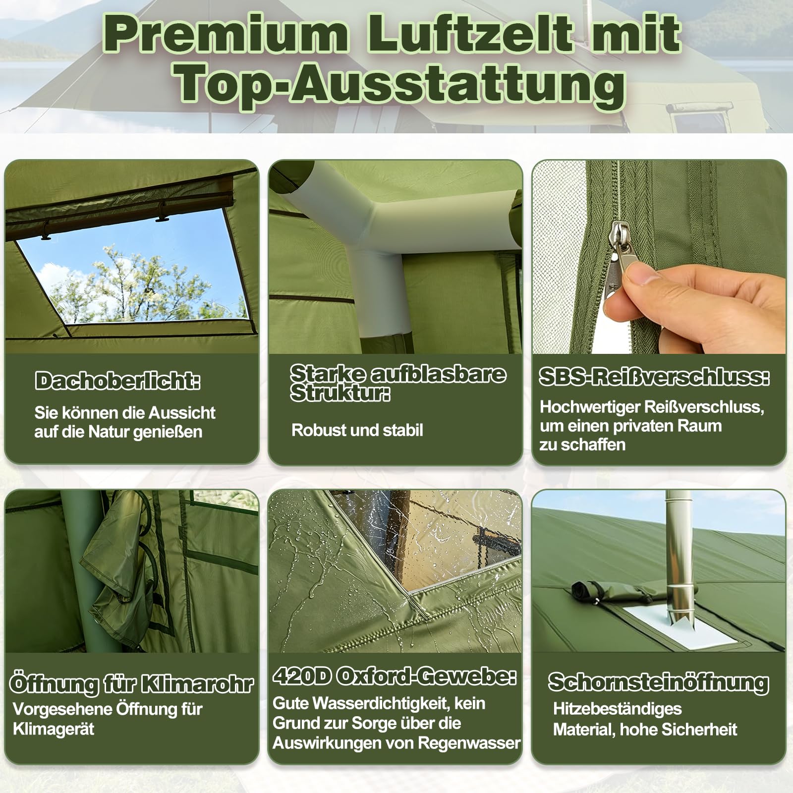 2-10Personen Aufblasbares Gampingzelt mit Oberlichter&Kaminöffnung, 420D Oxford Outdoor Familien Hauszelt Zelt, 4Jahreszeiten, wasserdichte, Ventilationssystem