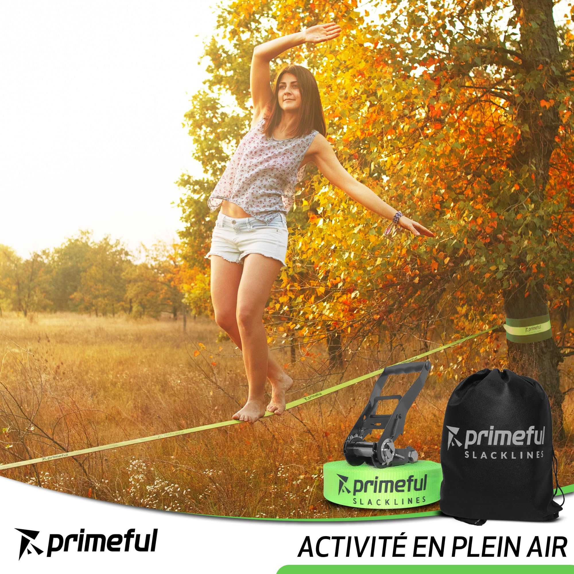 Slackline - Kit Complet pour Adultes Débutants et Confirmés - Slackline 18.5m, Ligne d’Entrainement Sac de Transport, Sangle à Cliquet et Protection Arbre Facile à Installer dans Le Jardin