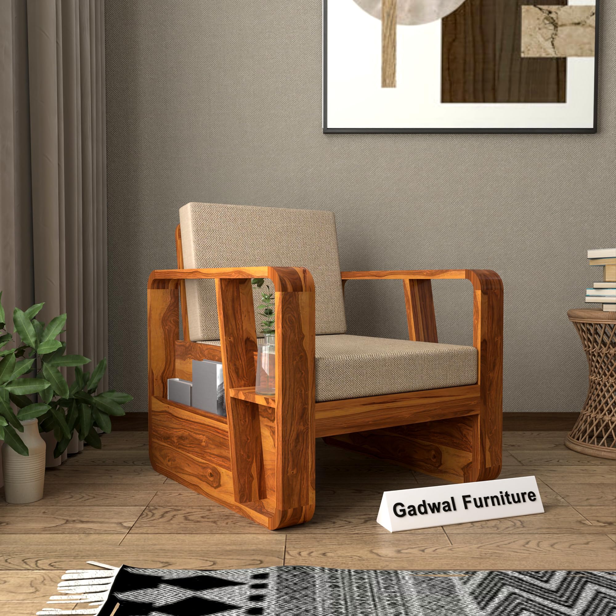 Solid Sheesham Wood Single Seater Sofa Chair for Living Room - with Side Newspaper Holder - Single Sofa Chair Wooden Sofa Single Seater (Honey, Adys 1 Seater)-image-49