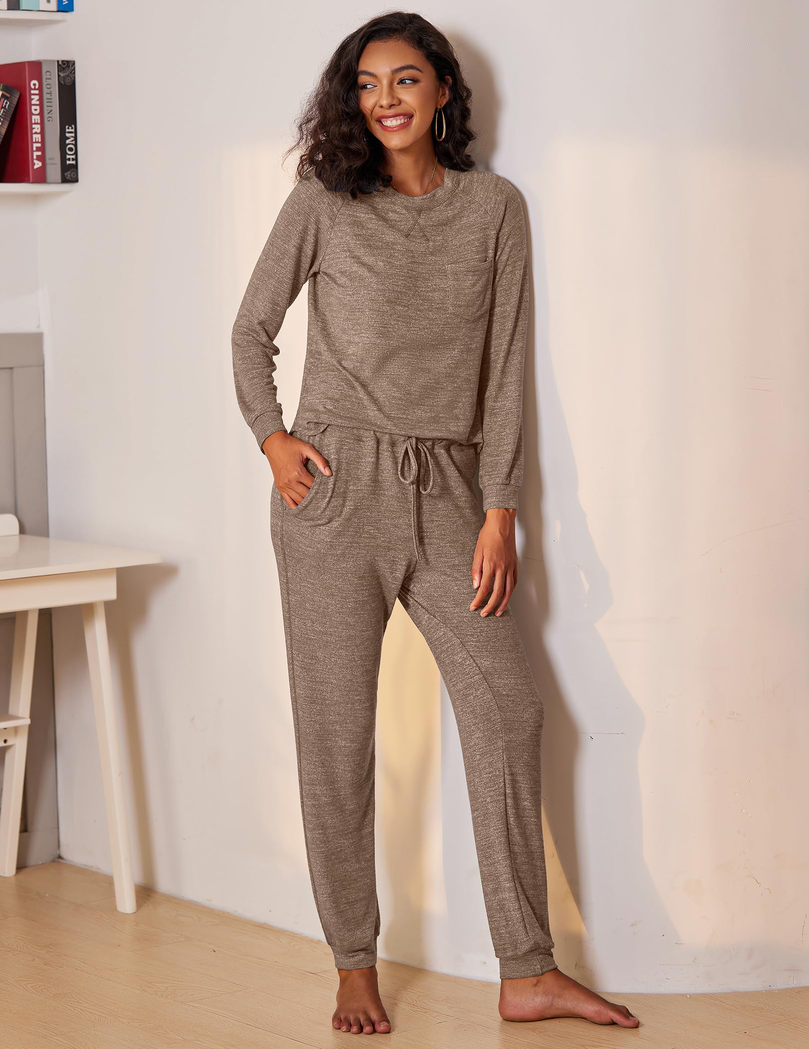 Ekouaer Pijama Mujer Ligero Conjunto de Pijama con Cuello Redondo Largo Pantalones 2 Piezas Invierno Manga Larga S-XXL